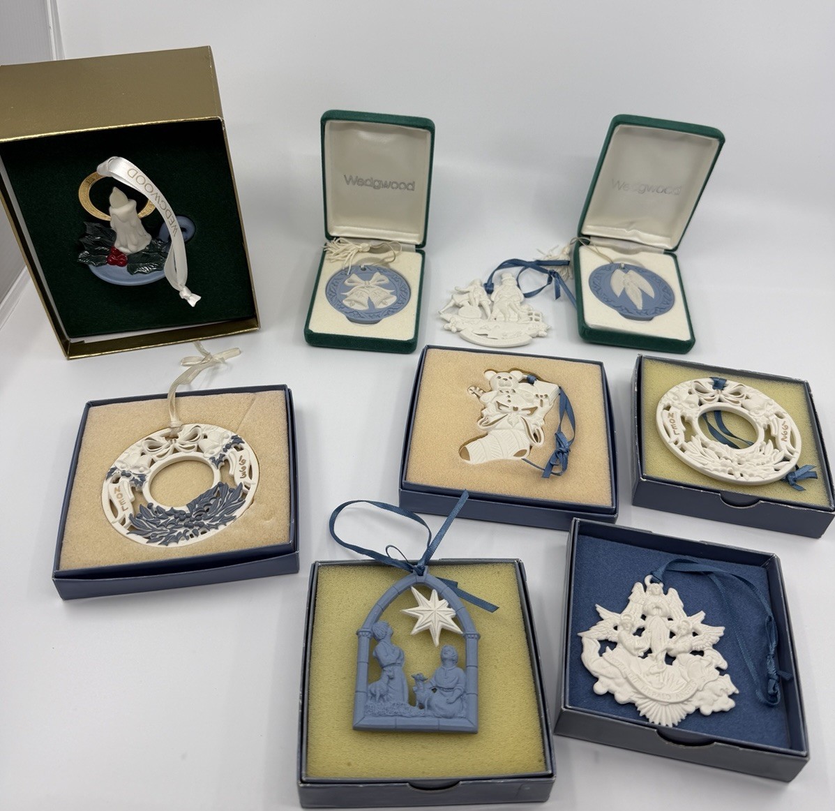 Wedgwood England White & Blue Jasperware Ornaments, Lot Of 9, Stamped, Vintage Wedgwood England White & Blue Jasperware Ornaments, Lot Of 9, Stamped, Vintage