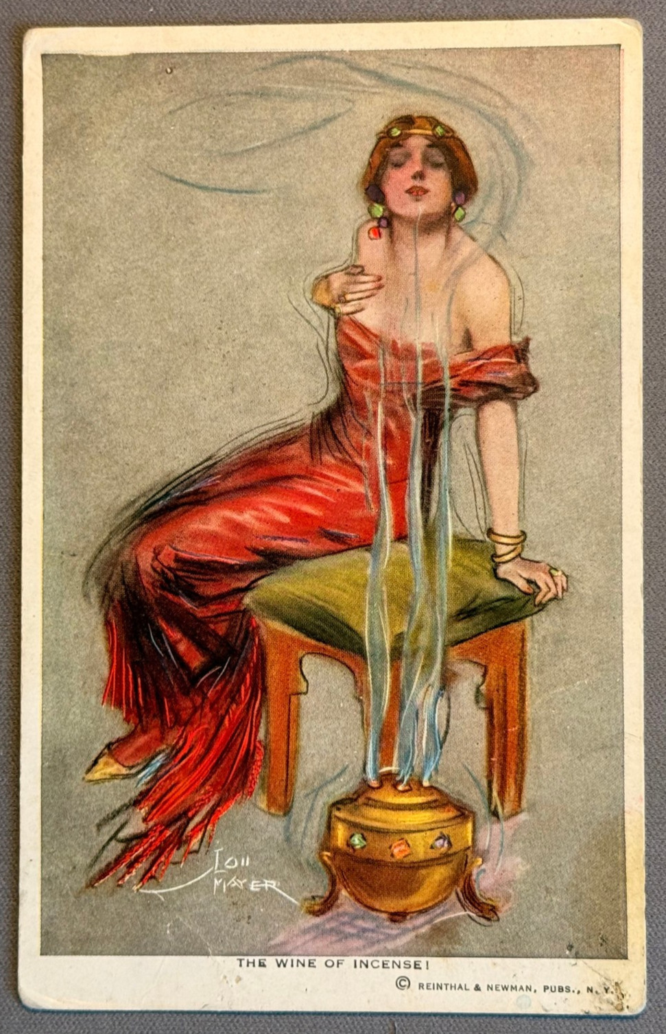 A/S Lou Mayer, Sexy Woman In Red Dress Wine Of Incense, ca 1920 Postcard