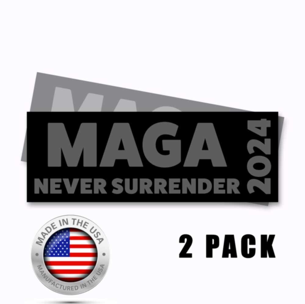 MAGA Never Surrender 2024 Funny Decals 9x3 Stickers BLACK/GRAY - 2 pack