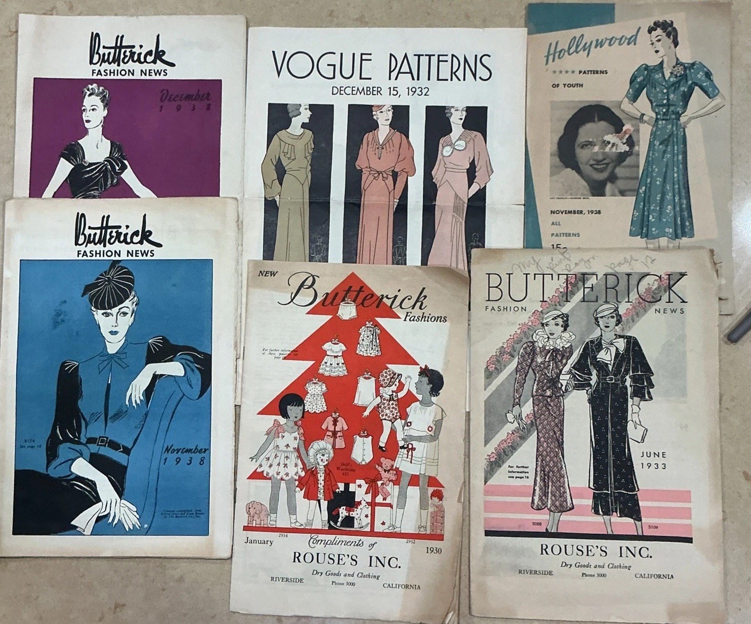 6 Vintage 1930s Rouse’s Riverside CA Fashion Brochures Vogue Butterick Patterns