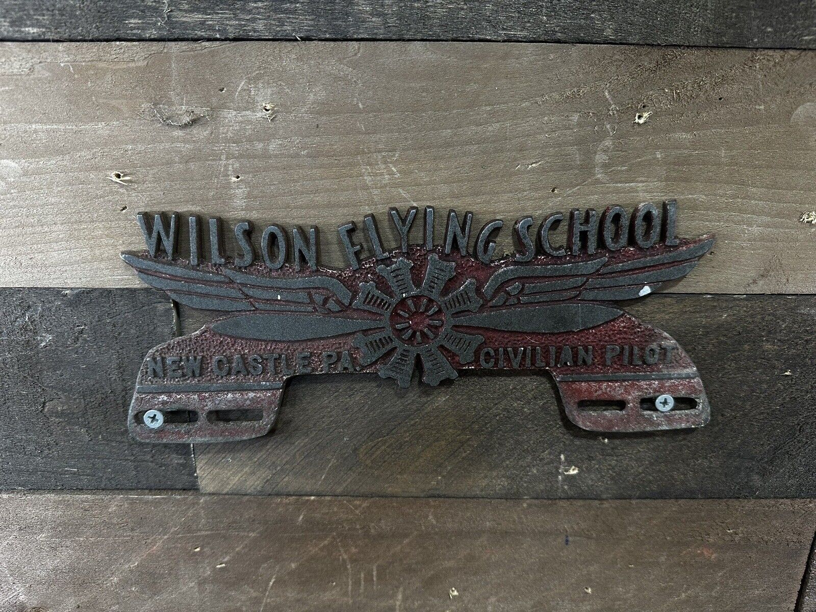Vintage License Plate Topper Wilson Flying School New Castle PA. Civilian Pilot