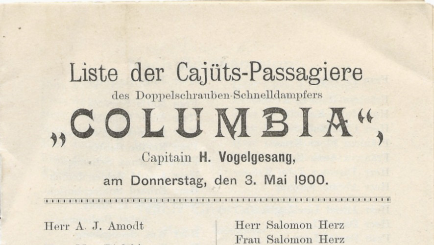 1900 COLUMBIA Hamburg-American Line Passenger List - Vogelgesang 1900 COLUMBIA Hamburg-American Line Passenger List - Vogelgesang