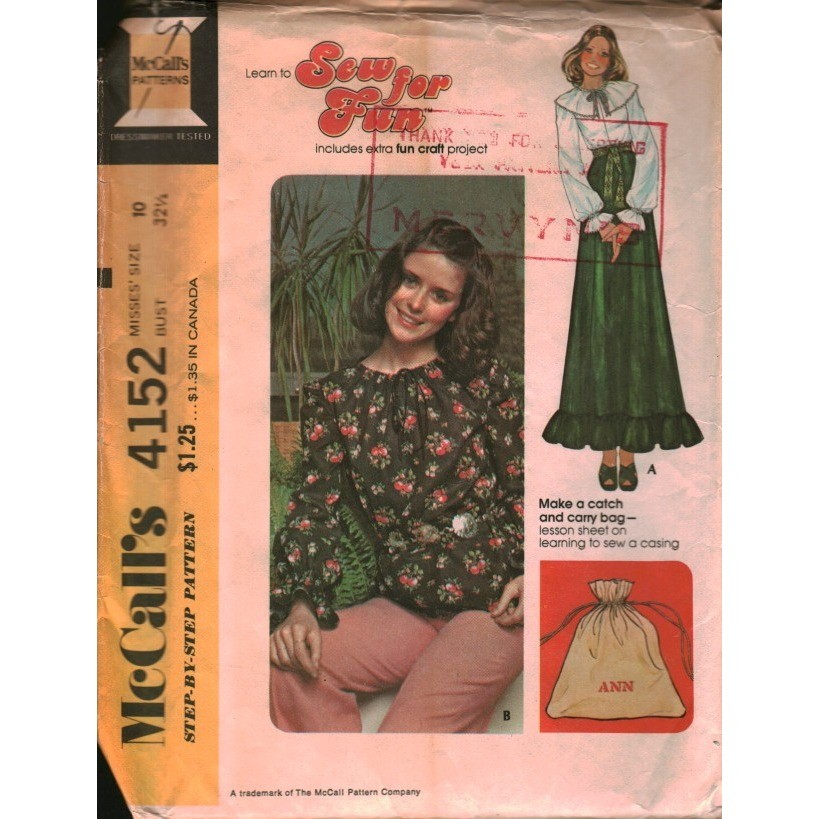 Vintage 1974 McCalls 4152 Blouse Pattern Separate Collar Drawstring Bag Size 10