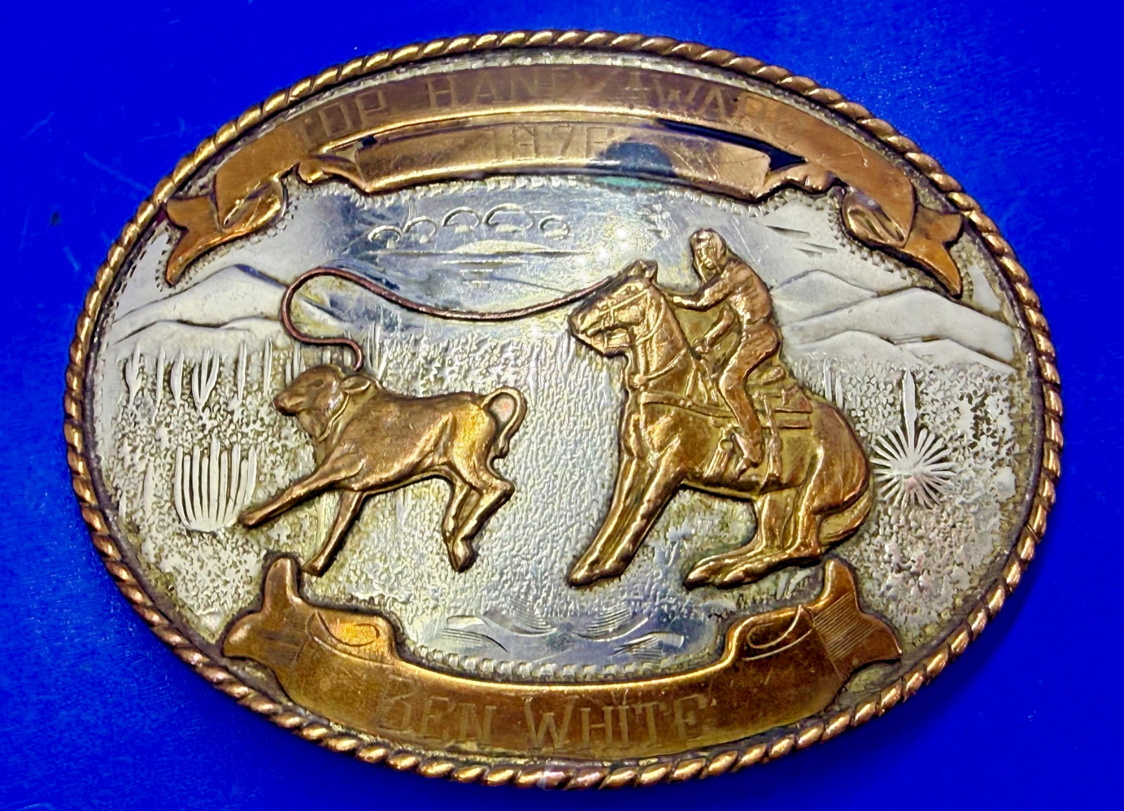 Rodeo Calf Roping Top Hand Trophy Vintage Comstock German Silver Belt Buckle Rodeo Calf Roping Top Hand Trophy Vintage Comstock German Silver Belt Buckle