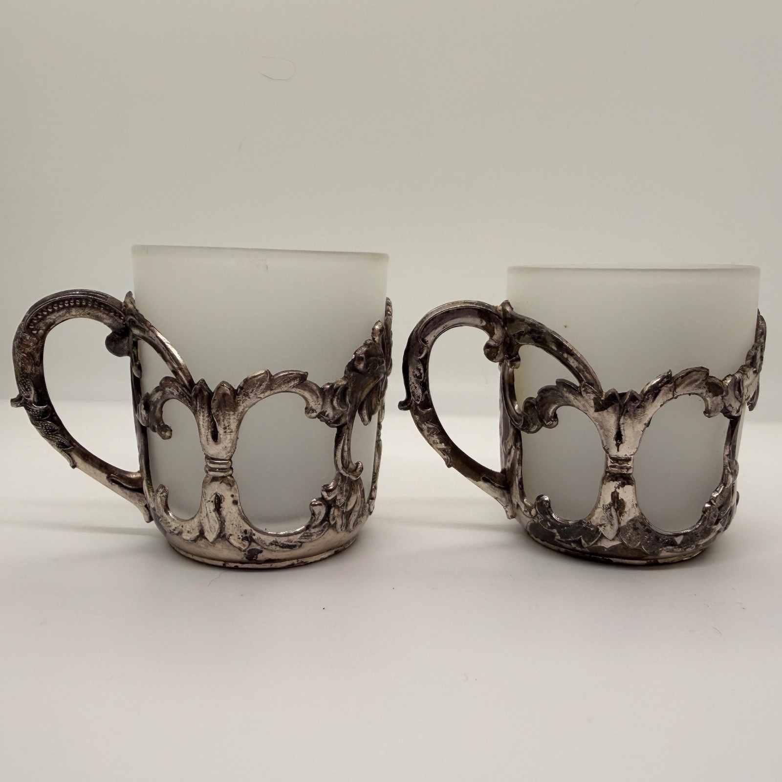 Antique Silver Plate Frosted Glass Podstakannik Cups Lot 2 Antique Silver Plate Frosted Glass Podstakannik Cups Lot 2