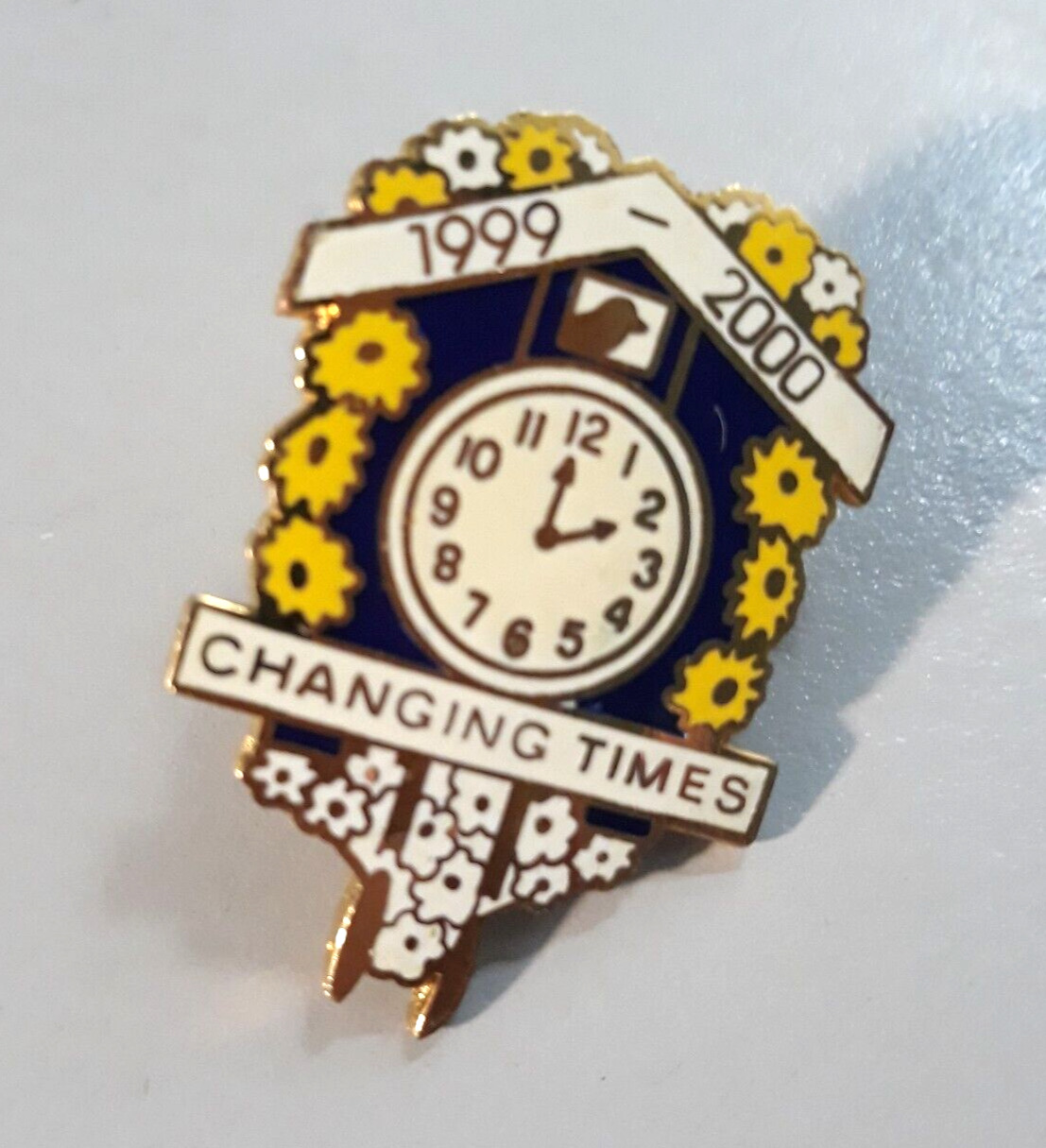 Vintage 1999 - 2000 CHANGING TIMES Enamel Cuckoo Clock Lapel Pin Pinback Y2K
