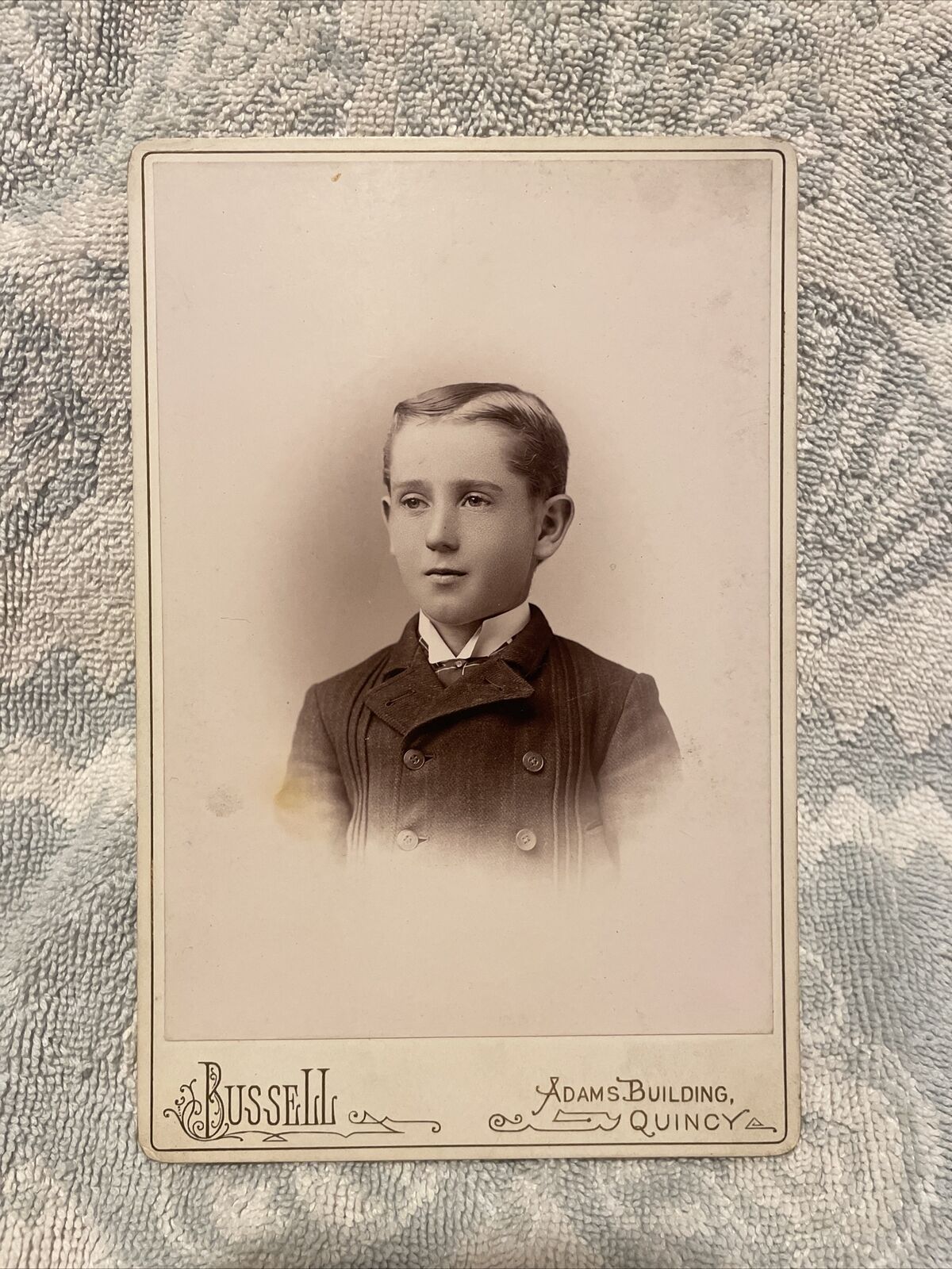 Vintage Victorian Young Boy Cabinet Card  Photo Photograph Quincy Adams Building