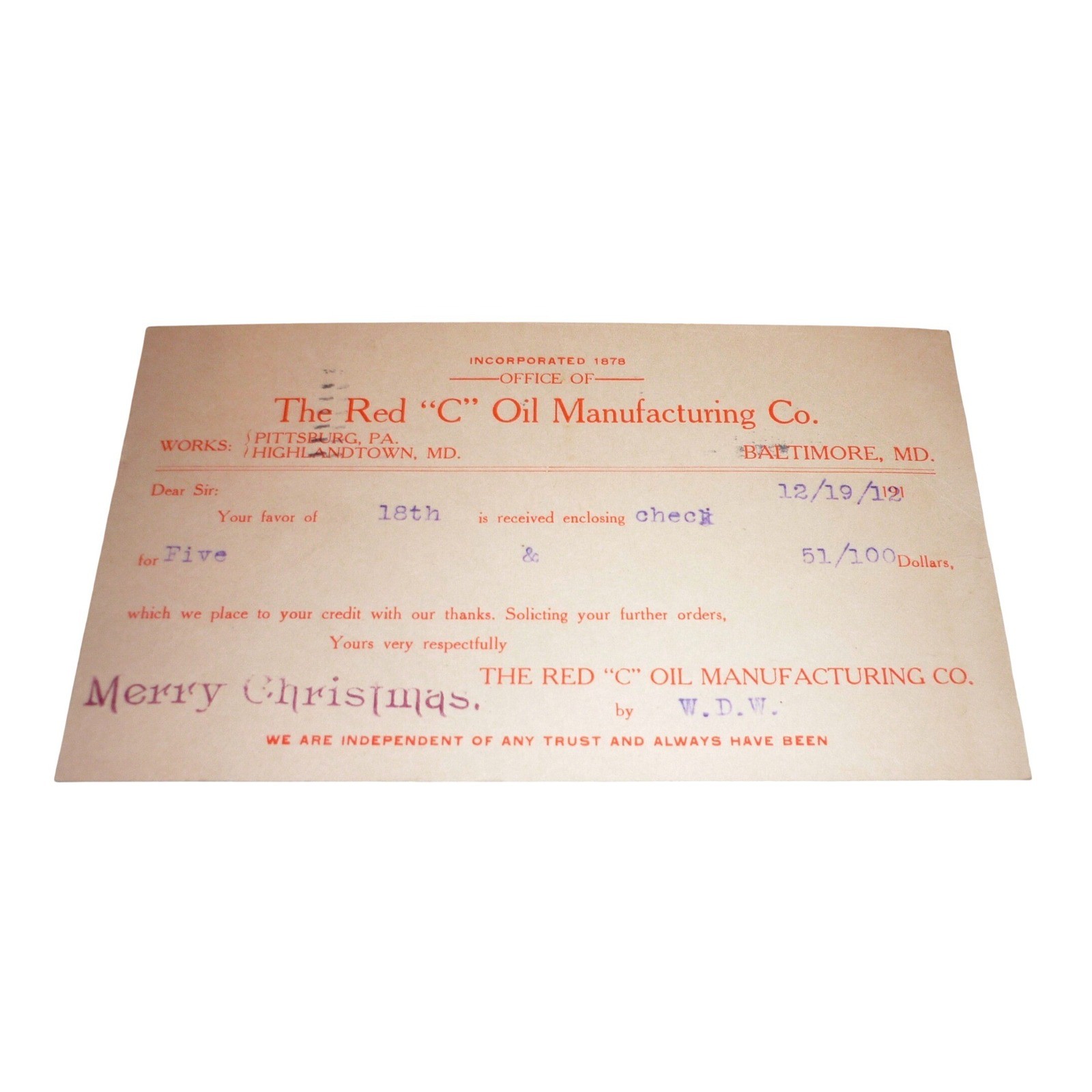 1912 The Red C Oil Manufacturing Co Baltimore MD Antique Postal Card Ephemera 1912 The Red C Oil Manufacturing Co Baltimore MD Antique Postal Card Ephemera