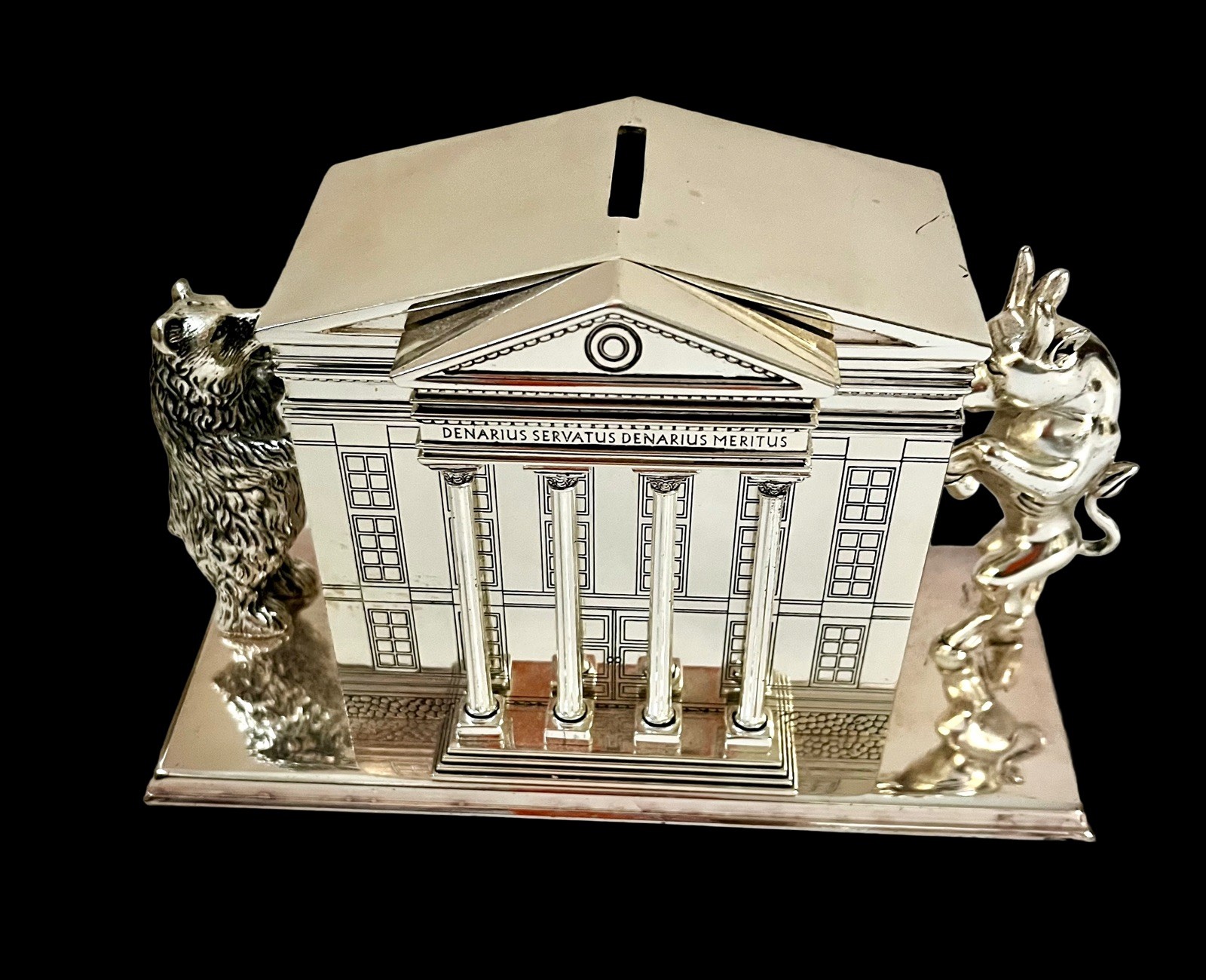 VTG Neiman Marcus Silver plate Stock Market Bull Bear Bank Wall St. paperweight 