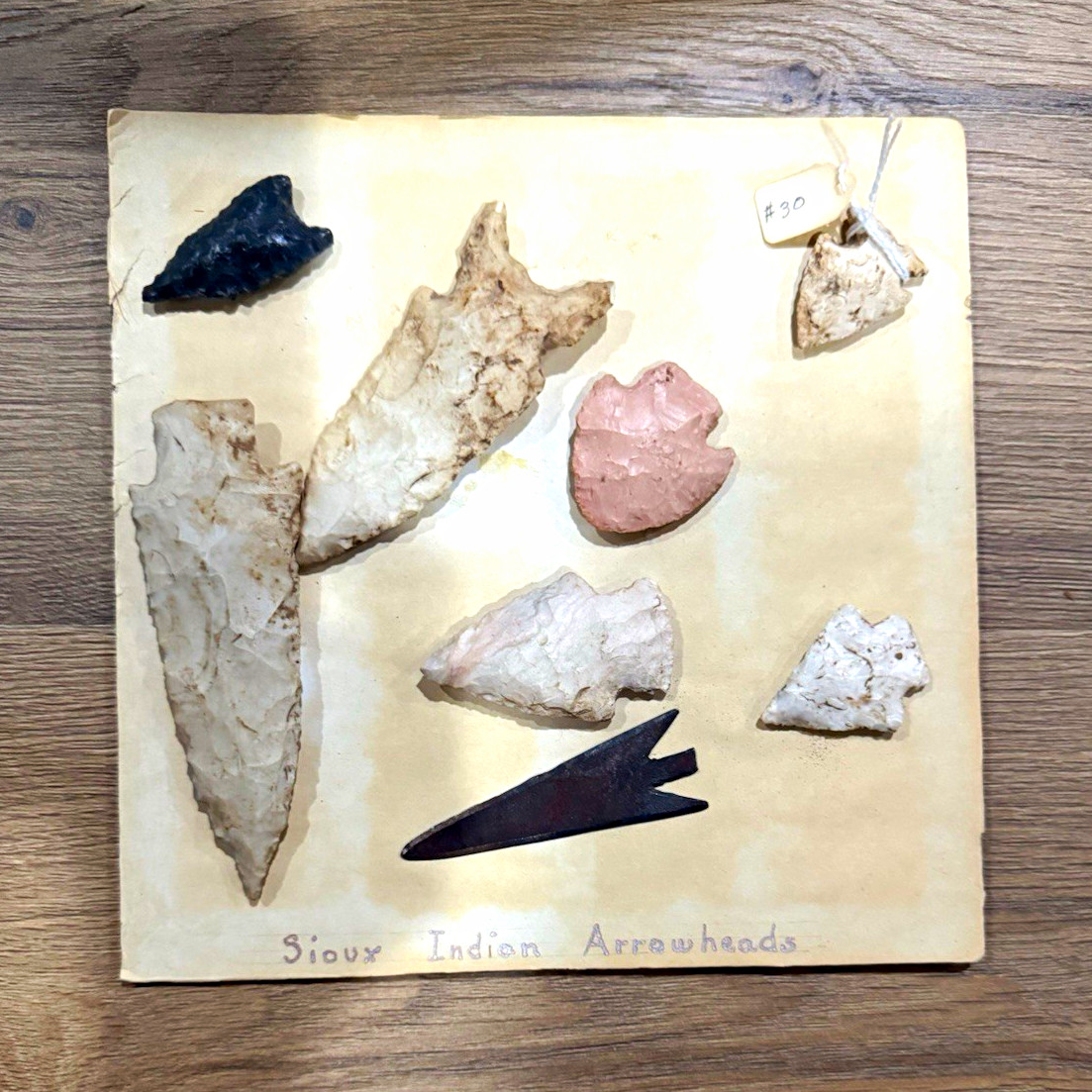 1890’s Sioux Tribal Arrowheads Lot Mounted Multiple Stone Arrowheads