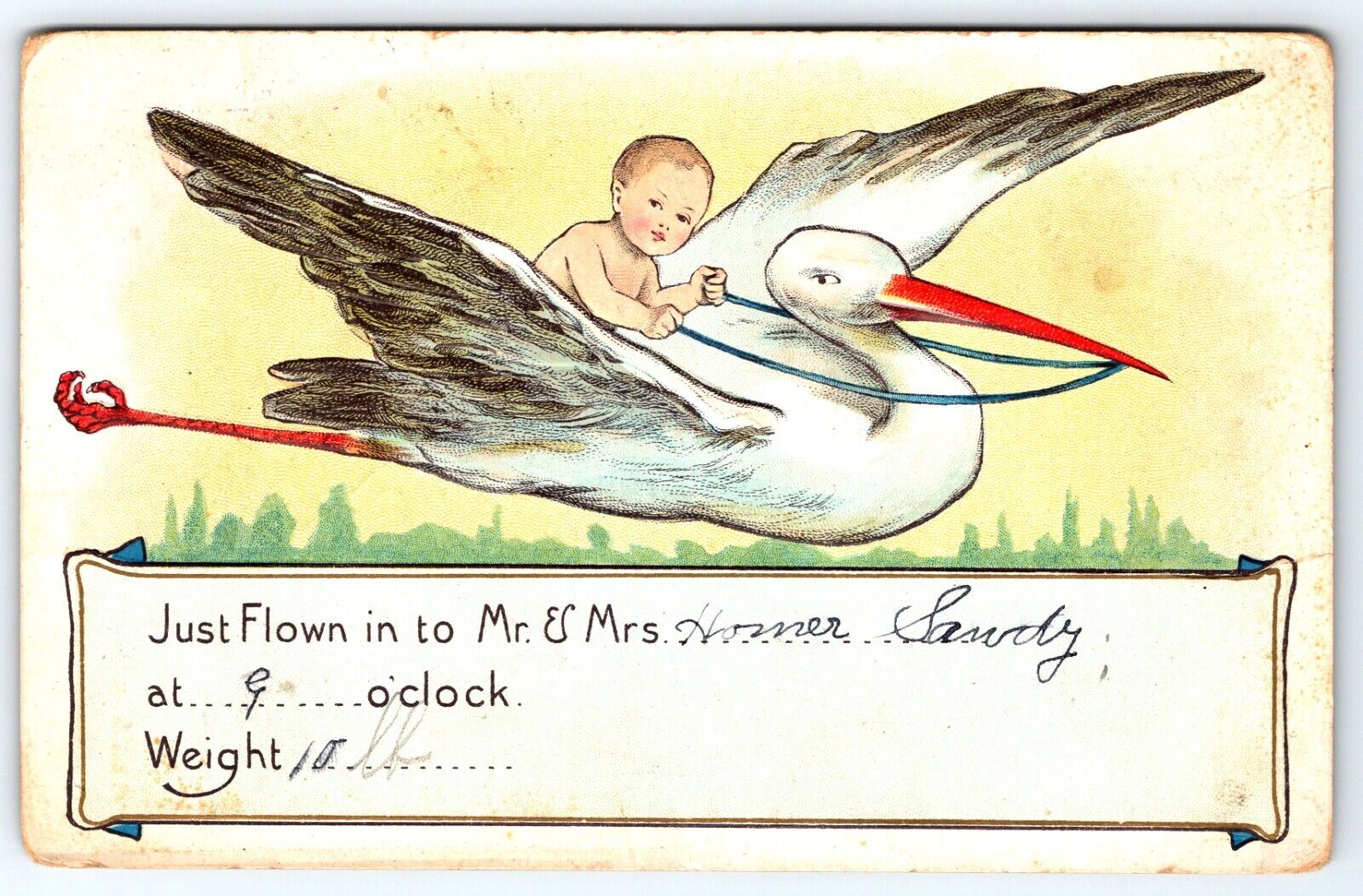 Baby Riding Stork Fantasy  Embossed posted c.1914 Made in Austria Postcard