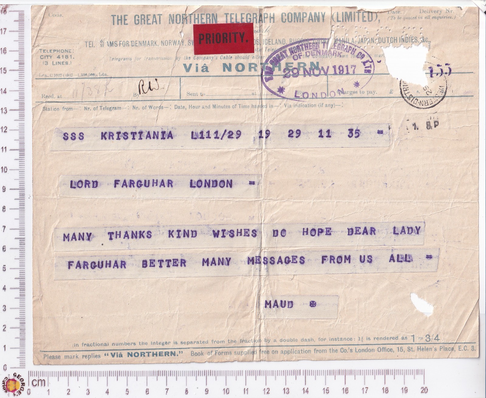 Queen Maud Norway Telegram 1917 WW1 To Lord Farquhar Kristiania Priority