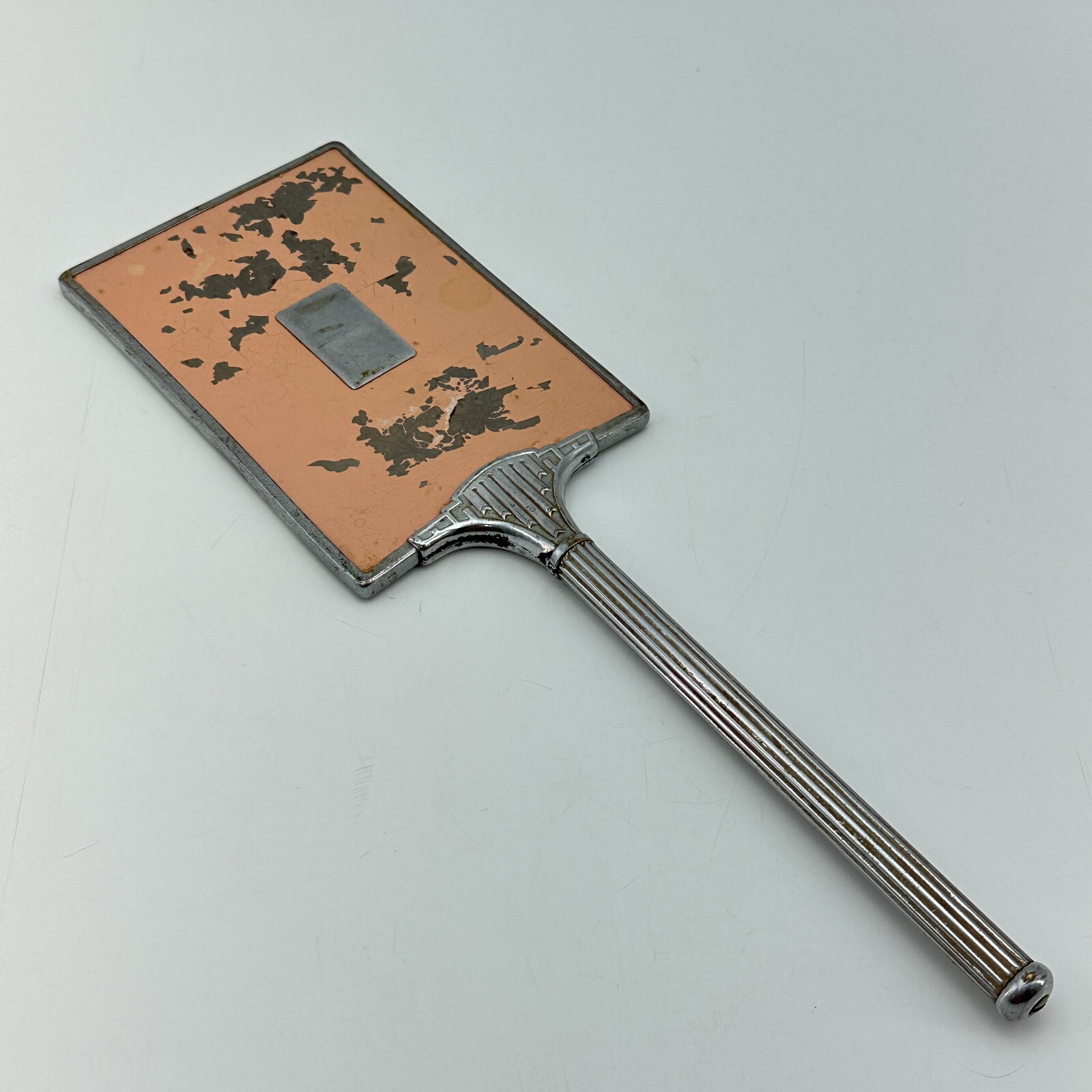 Vintage Art Deco Handheld Mirror Womens Square Silver Tone Peach Back 13.5in Vintage Art Deco Handheld Mirror Womens Square Silver Tone Peach Back 13.5in
