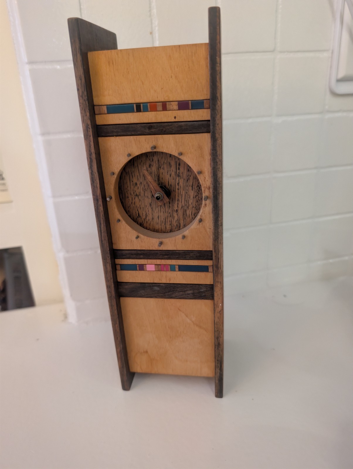 vintage Robert McKeown mixed-wood table clock handcrafted by artist 1980 vintage Robert McKeown mixed-wood table clock handcrafted by artist 1980