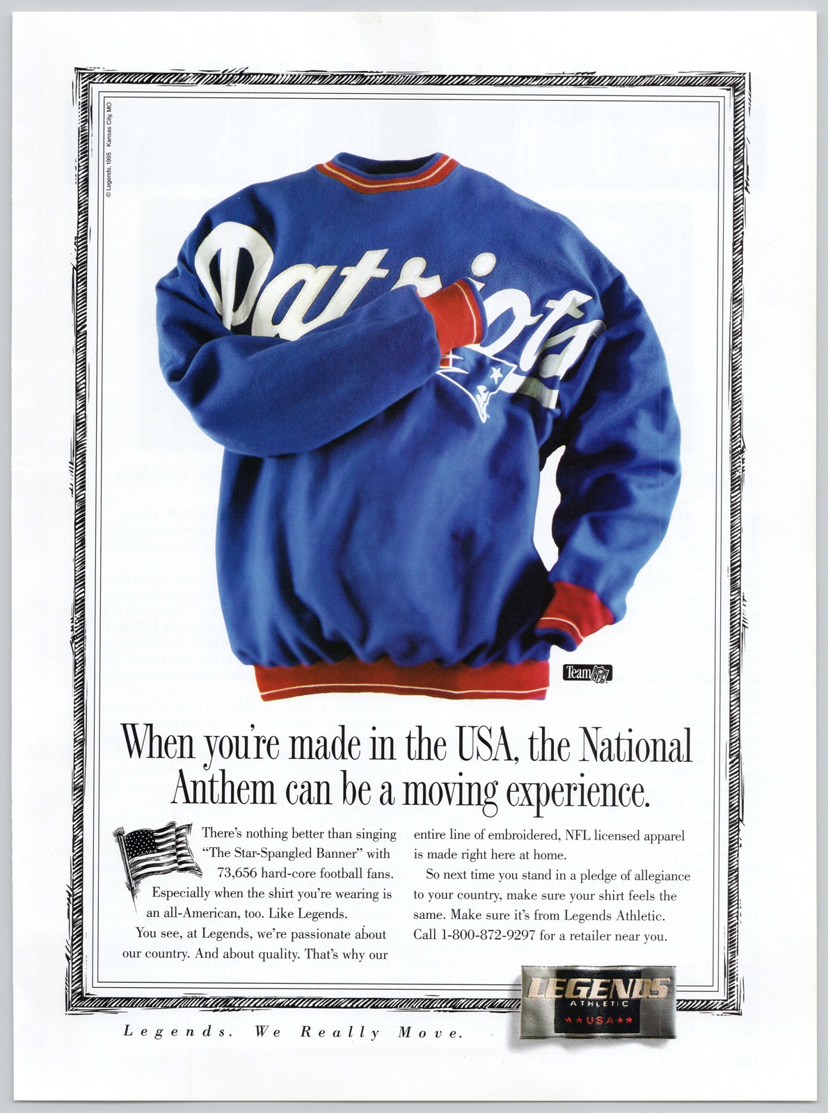 Legends Athletic NFL Football Apparel Patriotic USA Pride 1995 Print Ad Legends Athletic NFL Football Apparel Patriotic USA Pride 1995 Print Ad
