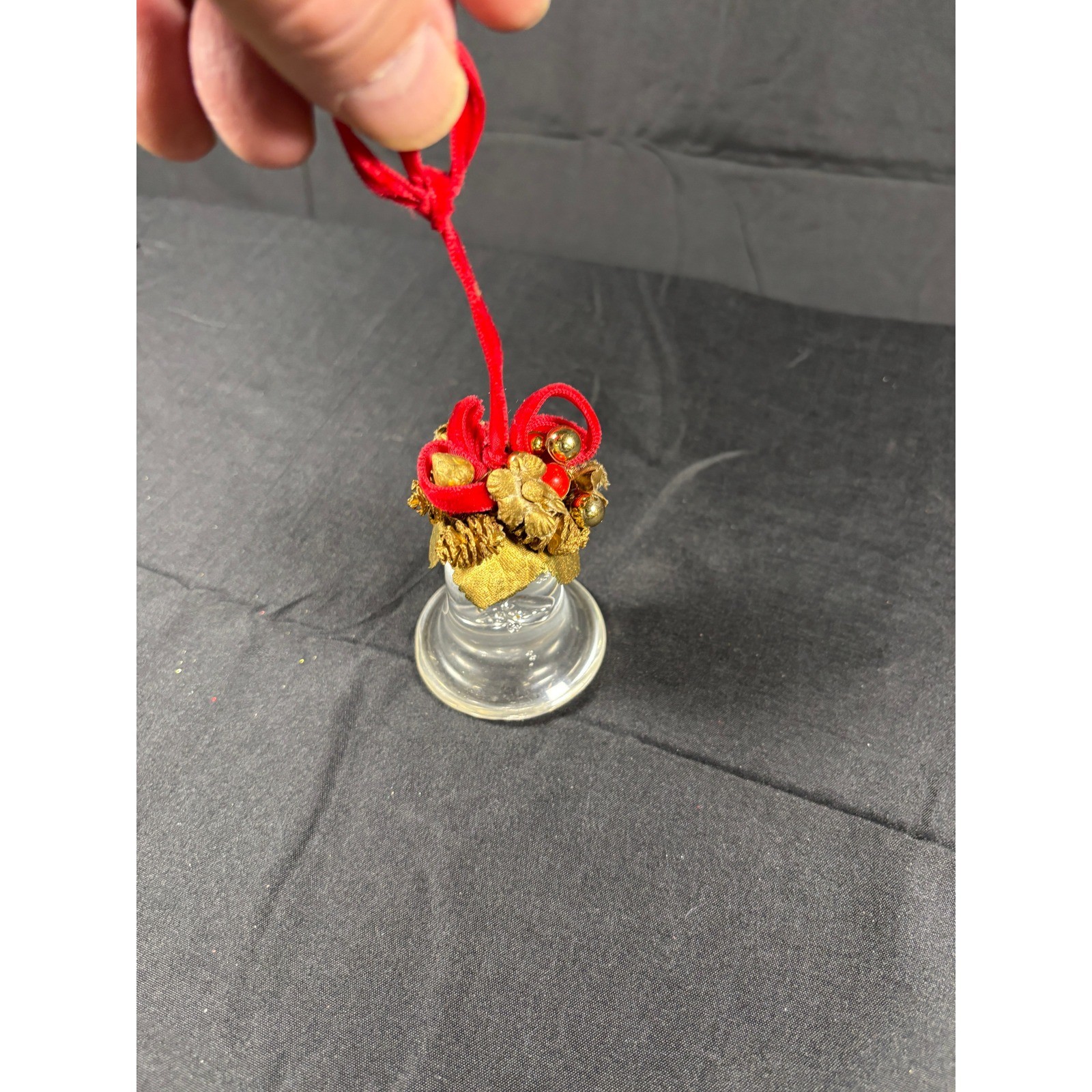 Vintage Clear Glass Christmas Bell Ornament Red Velvet Gold Pine Berries 2.5in Vintage Clear Glass Christmas Bell Ornament Red Velvet Gold Pine Berries 2.5in