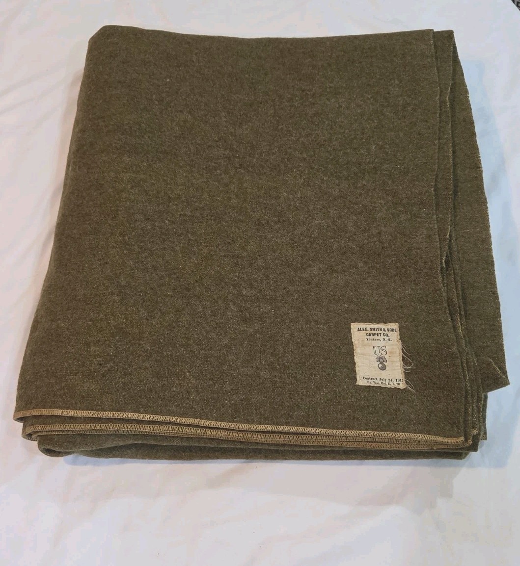 WWI US Army Wool Blanket 1917 Alexander Smith & Sons 72x82 Contract Tag Ordnance WWI US Army Wool Blanket 1917 Alexander Smith & Sons 72x82 Contract Tag Ordnance