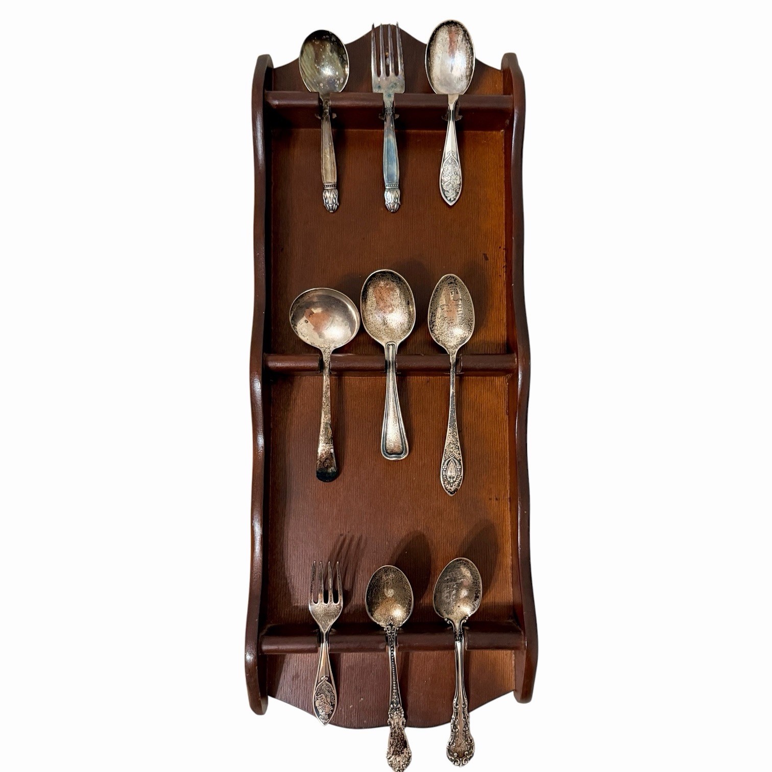 Vintage Wood Souvenir Spoon Display Rack w/ 9 Mixed Silverplate Spoons & Forks