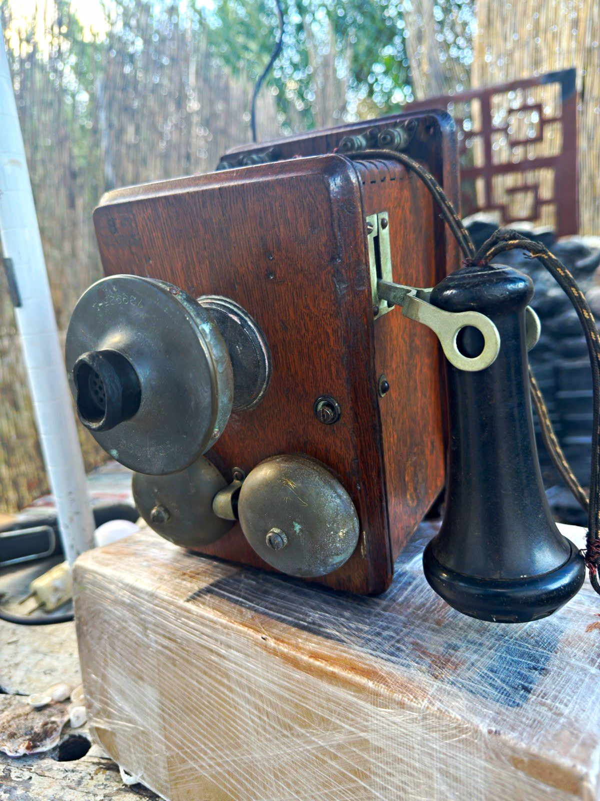 Pre-1940 Wooden Wall Telephone Black Earpiece Twin Bells Hand Crank LPANOV Pre-1940 Wooden Wall Telephone Black Earpiece Twin Bells Hand Crank LPANOV