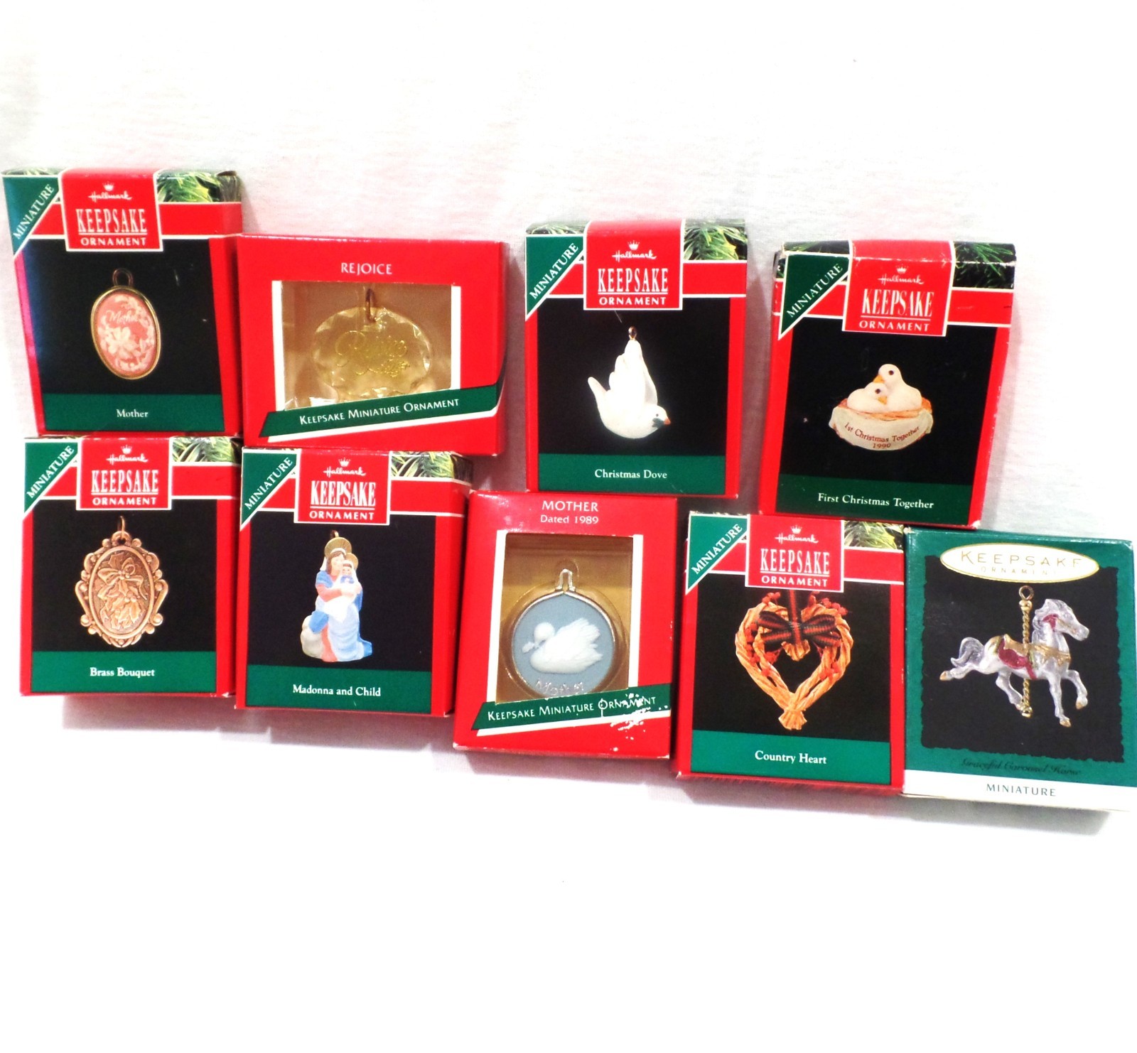 9 Hallmark Mini Keepsake Ornaments Assorted Miniatures about 1 inch, 1989-1994 9 Hallmark Mini Keepsake Ornaments Assorted Miniatures about 1 inch, 1989-1994