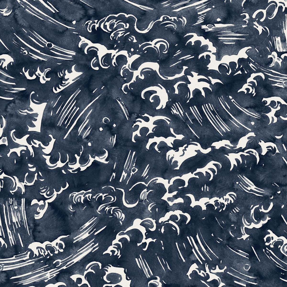 Quercus & Co. Painterly Wave Linen Print Fabric- Tempest / AO Blue 14.25 yds