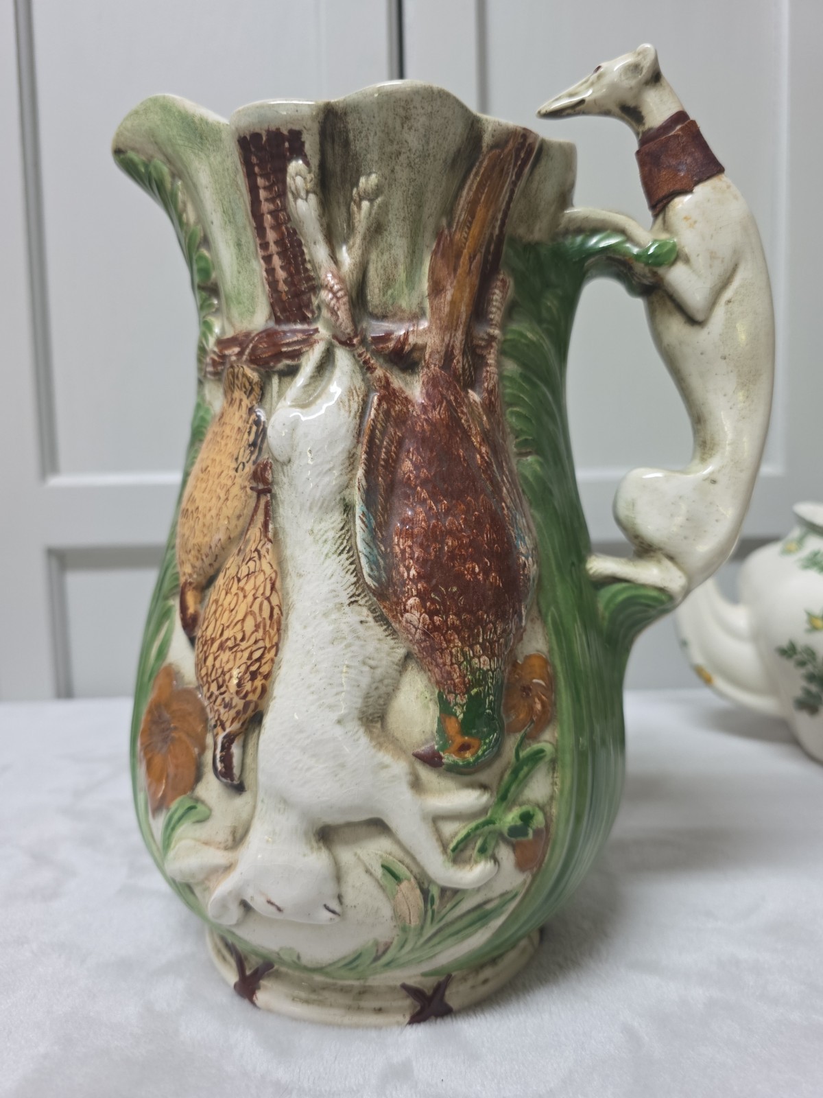 Vintage Majolica Hunt Game Hunting Pitcher  Greyhound Handle Quail Hare Fox Duck