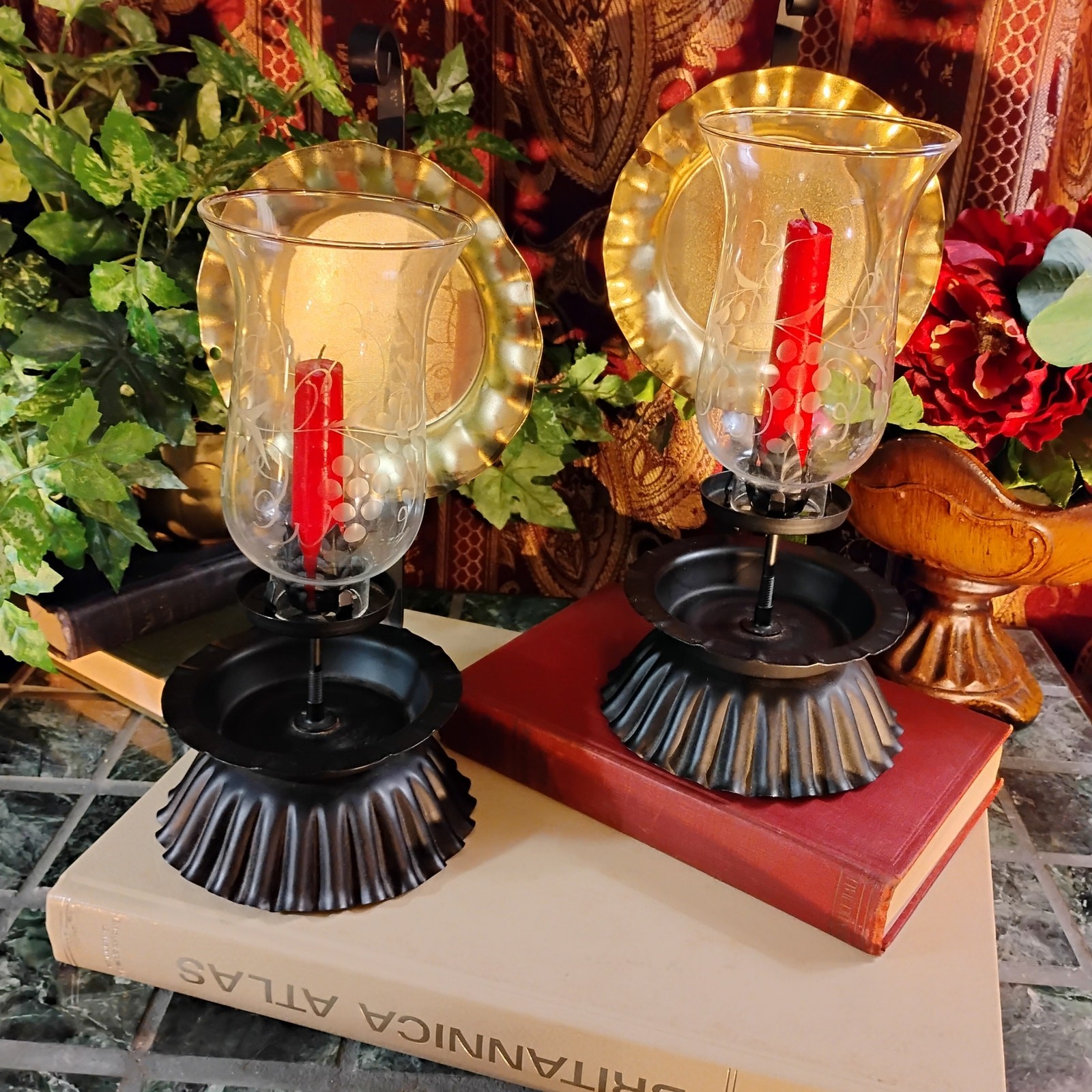 Pair Black Metal Vintage Carriage Light Candle Sconces w/ Brass Tone Reflectors
