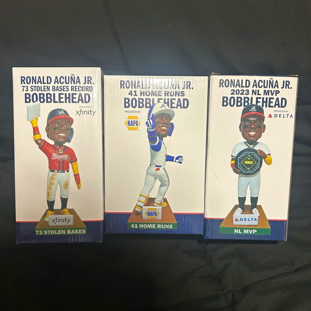 Ronald Acuña Jr. Bobblehead Lot of 3 w/ Boxes, 2023 NL MVP 73 SB, 41 HR