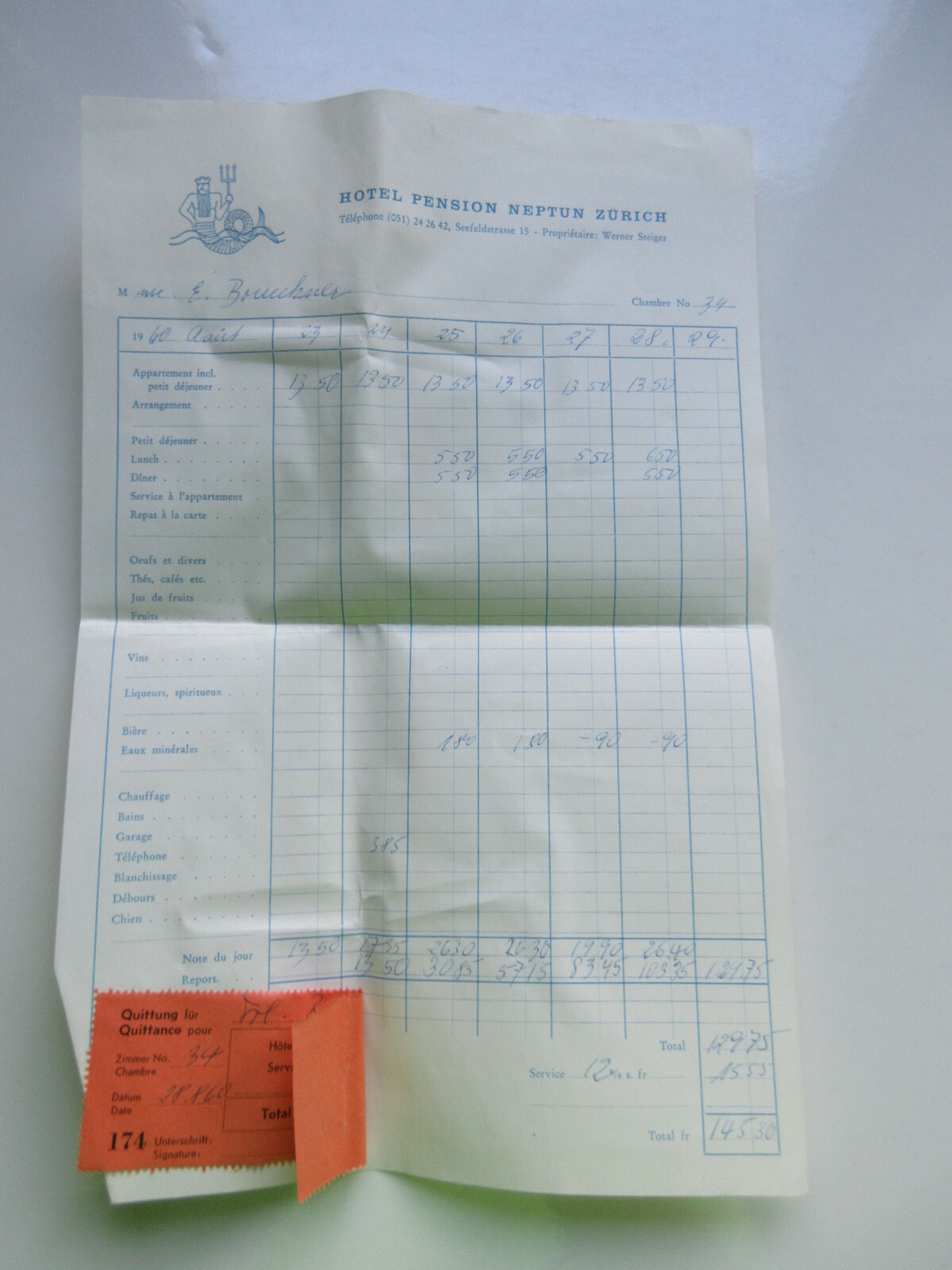 Hotel Pension Neptun Zurich Switzerland 1960 vintage hotel RECEIPT w/ letterhead Hotel Pension Neptun Zurich Switzerland 1960 vintage hotel RECEIPT w/ letterhead