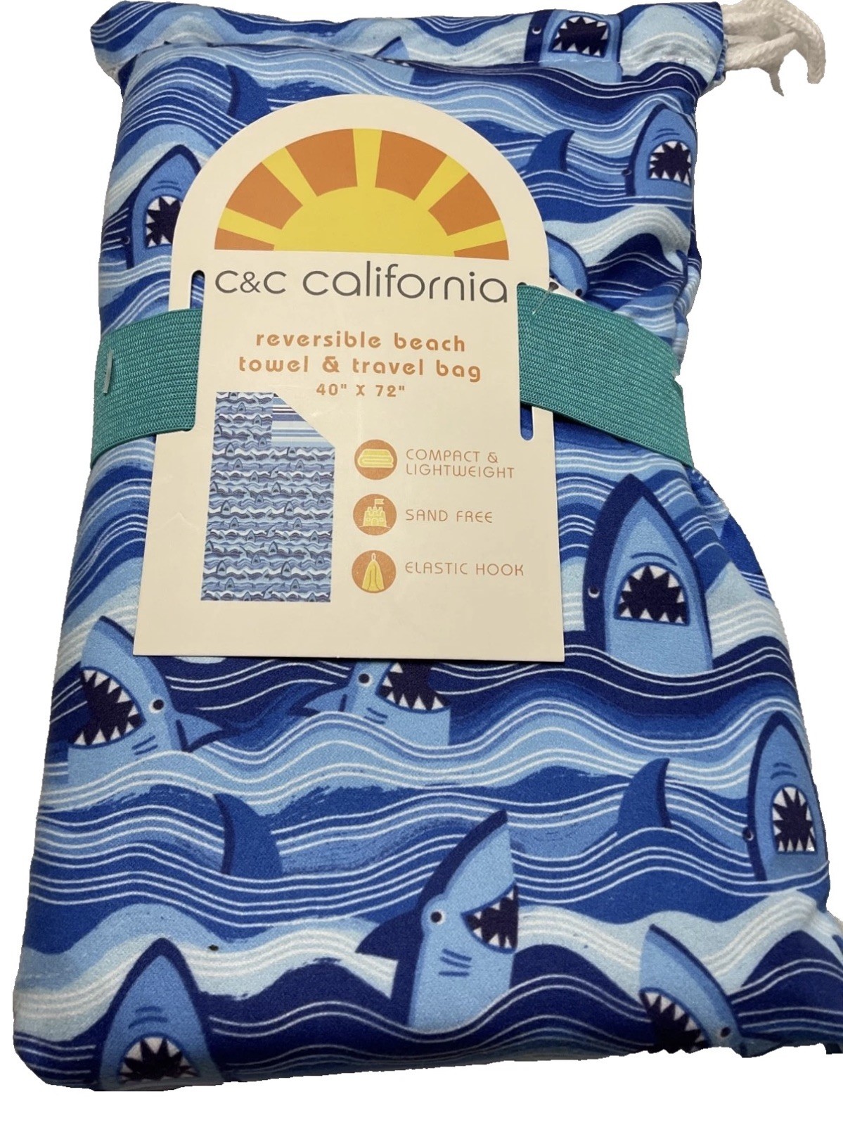 C & C CALIFORNIA Beach Towel Travel Bag Beach Blanket SHARKS BLUE 40 X 72 NIP C & C CALIFORNIA Beach Towel Travel Bag Beach Blanket SHARKS BLUE 40 X 72 NIP
