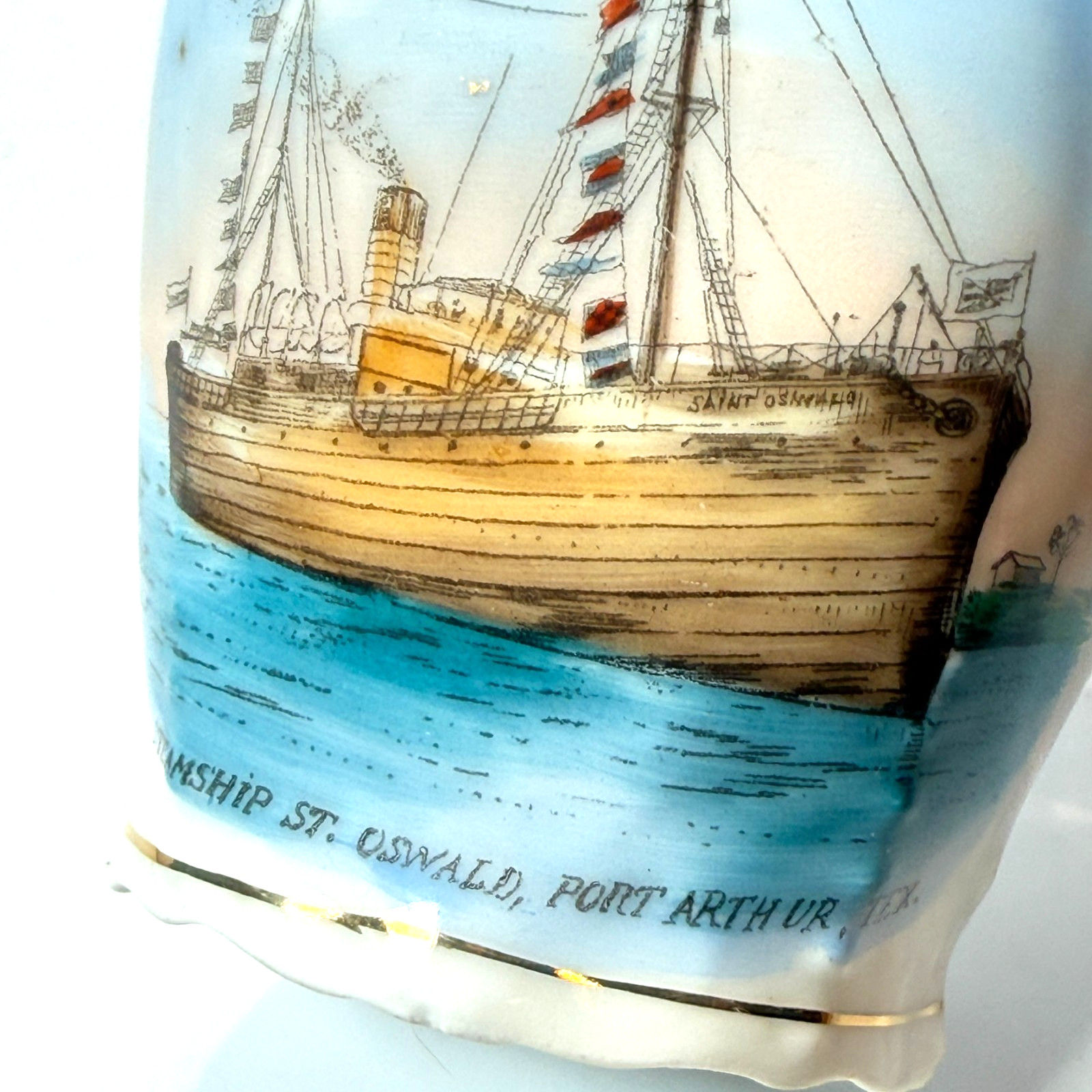 PORT ARTHUR Steam Ship St. Oswald TX TEXAS ANTIQUE Souvenir CHINA TRINKET CUP PORT ARTHUR Steam Ship St. Oswald TX TEXAS ANTIQUE Souvenir CHINA TRINKET CUP