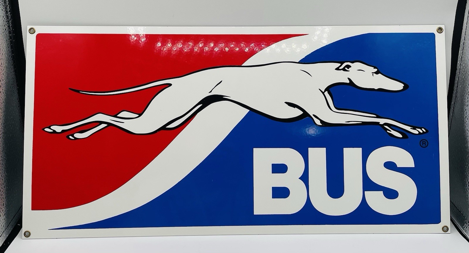 VTG-ANDE ROONEY GREYHOUND LINES 21x10.75”-PORCELAIN ENAMEL BUS STATION SIGN