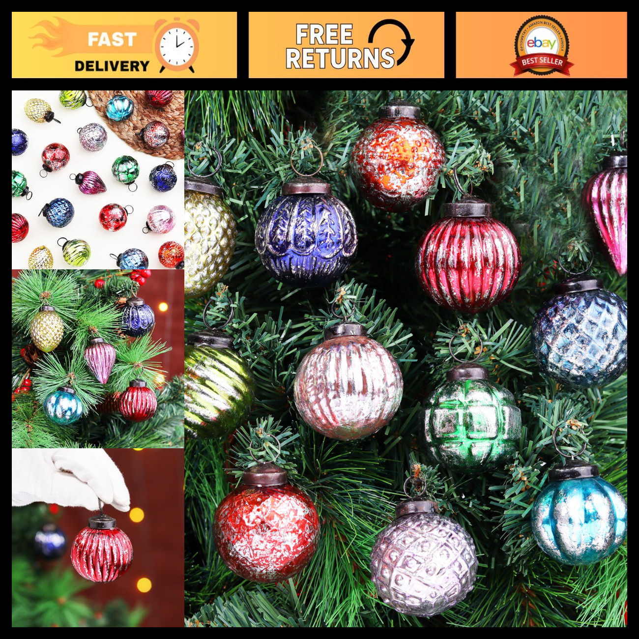 12 Retro Vintage Large Glass Christmas Ornaments - Unique Holiday Decor Balls fo 12 Retro Vintage Large Glass Christmas Ornaments - Unique Holiday Decor Balls fo