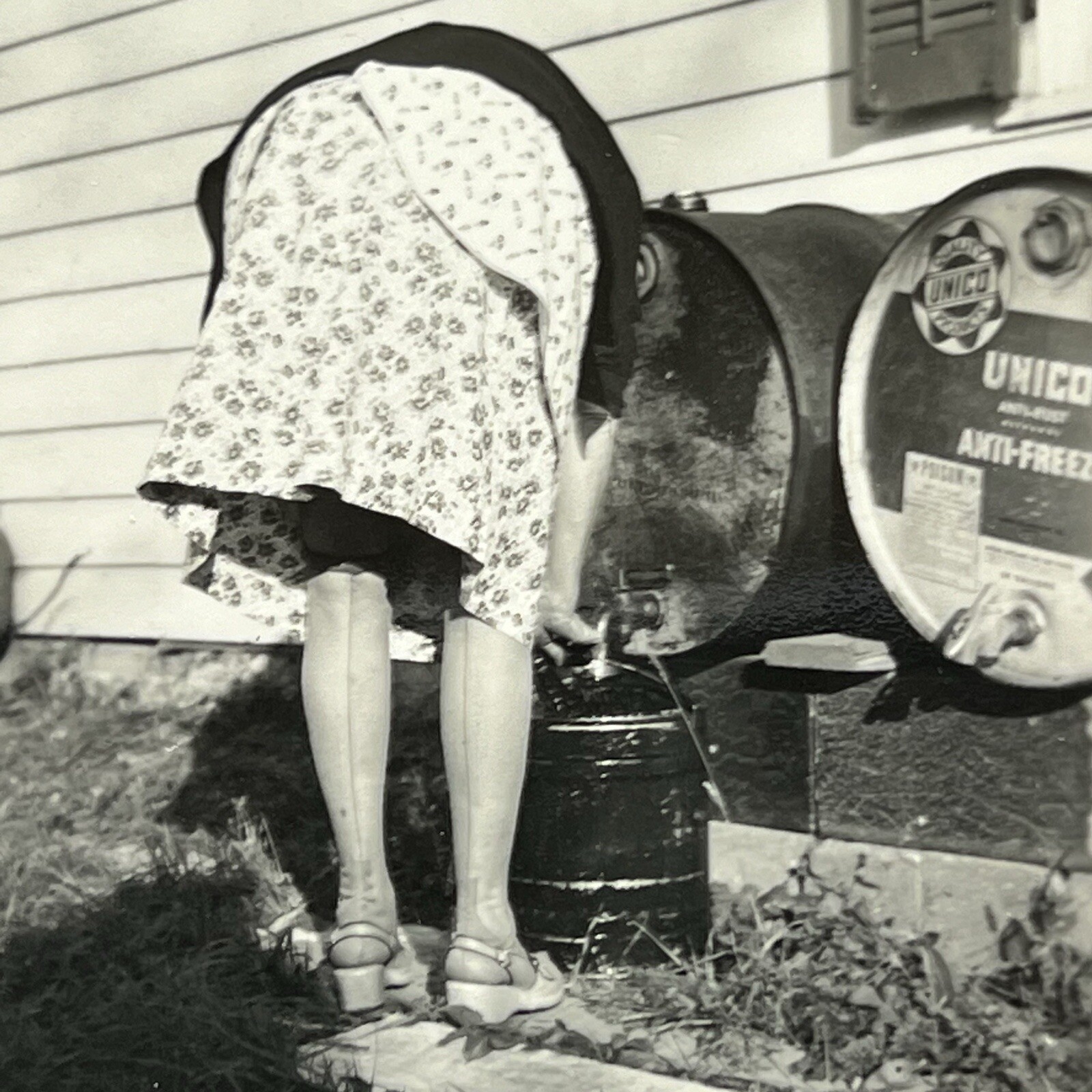 Vintage B&W Snapshot Photograph Odd Woman Bending Over Bum Unico Anti Freeze Vintage B&W Snapshot Photograph Odd Woman Bending Over Bum Unico Anti Freeze