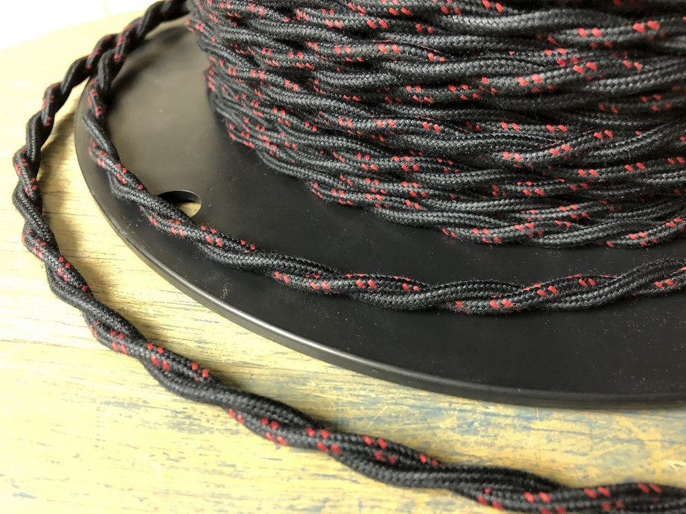 Cloth Covered Twisted Wire- Black w/ Red Tracer Stitch, Vintage Style Lamp Cord