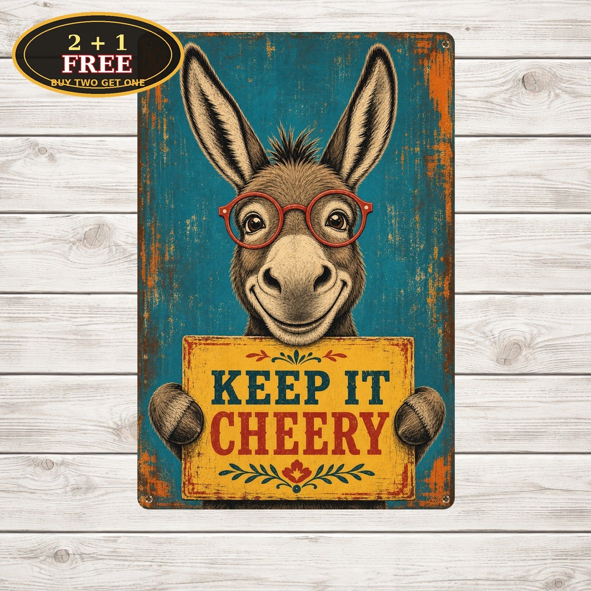 Humorous Donkey Glasses Portrait Yellow Handheld Metal Tin Sign