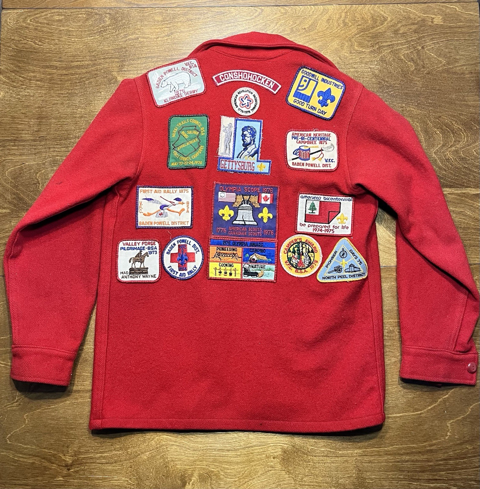 VTG 70’s BOY SCOUTS OF AMERICA 552 RED WOOL 15+ Pennsylvania PATCHES YOUTH Sz 16