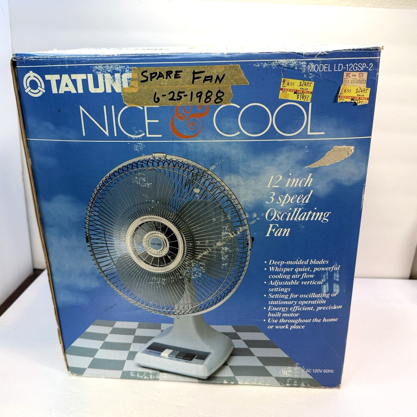 Vintage Tatung Nice & Cool LD-12GSP-2 12” Oscillating Fan NOS 1988 Kmart Box Vintage Tatung Nice & Cool LD-12GSP-2 12” Oscillating Fan NOS 1988 Kmart Box