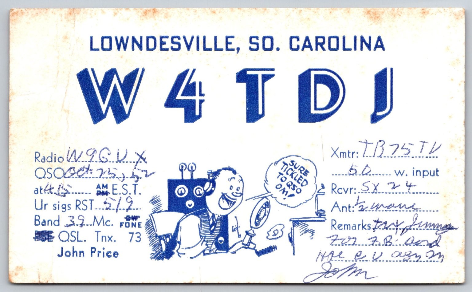 1952 QSL Postcard W4TDJ Lowndesville SC Ham Radio W9GUX Gary Indiana A50 1952 QSL Postcard W4TDJ Lowndesville SC Ham Radio W9GUX Gary Indiana A50
