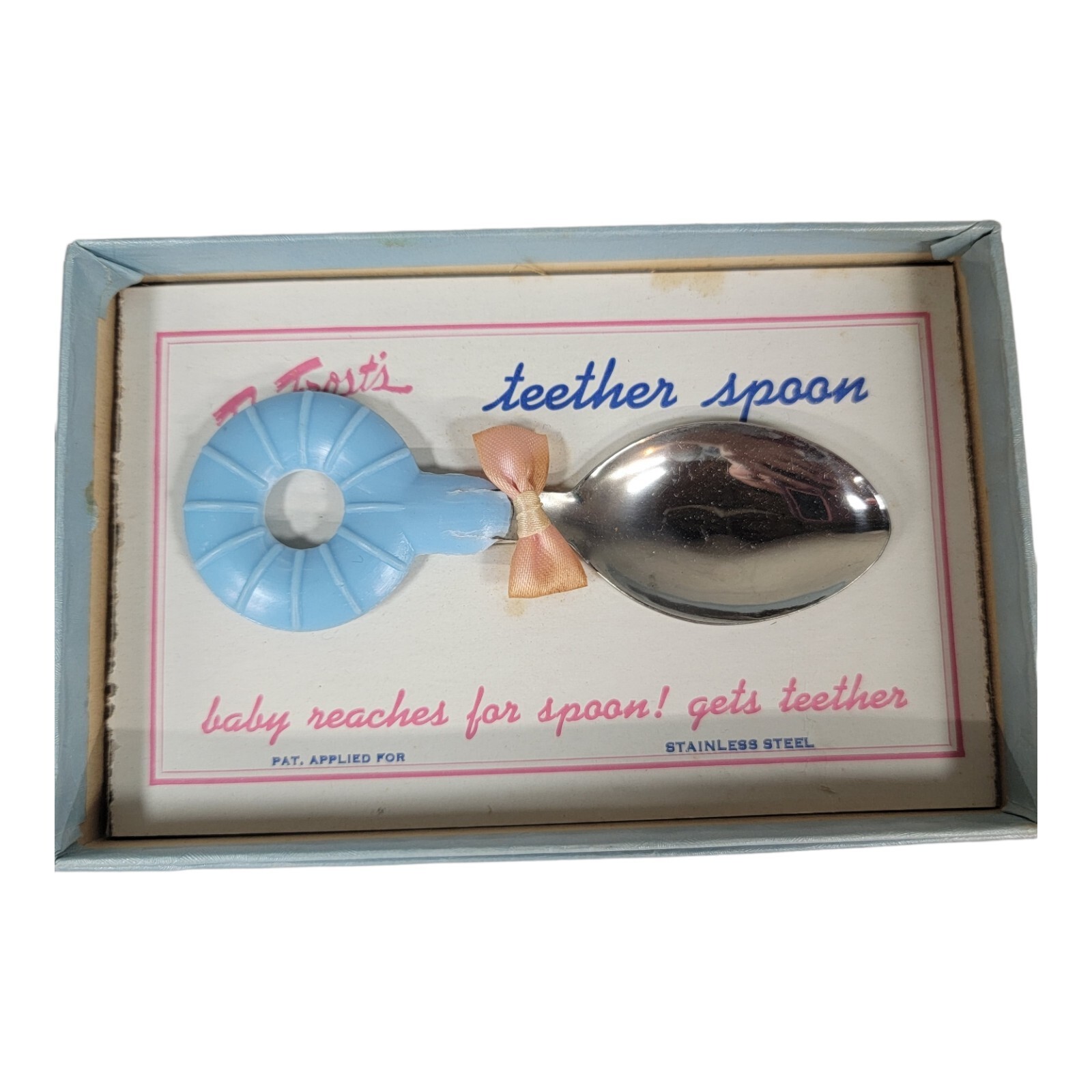 Antique 1940\'s NIB Dr Frost\'s teether spoon blue rubber stainless steel pink