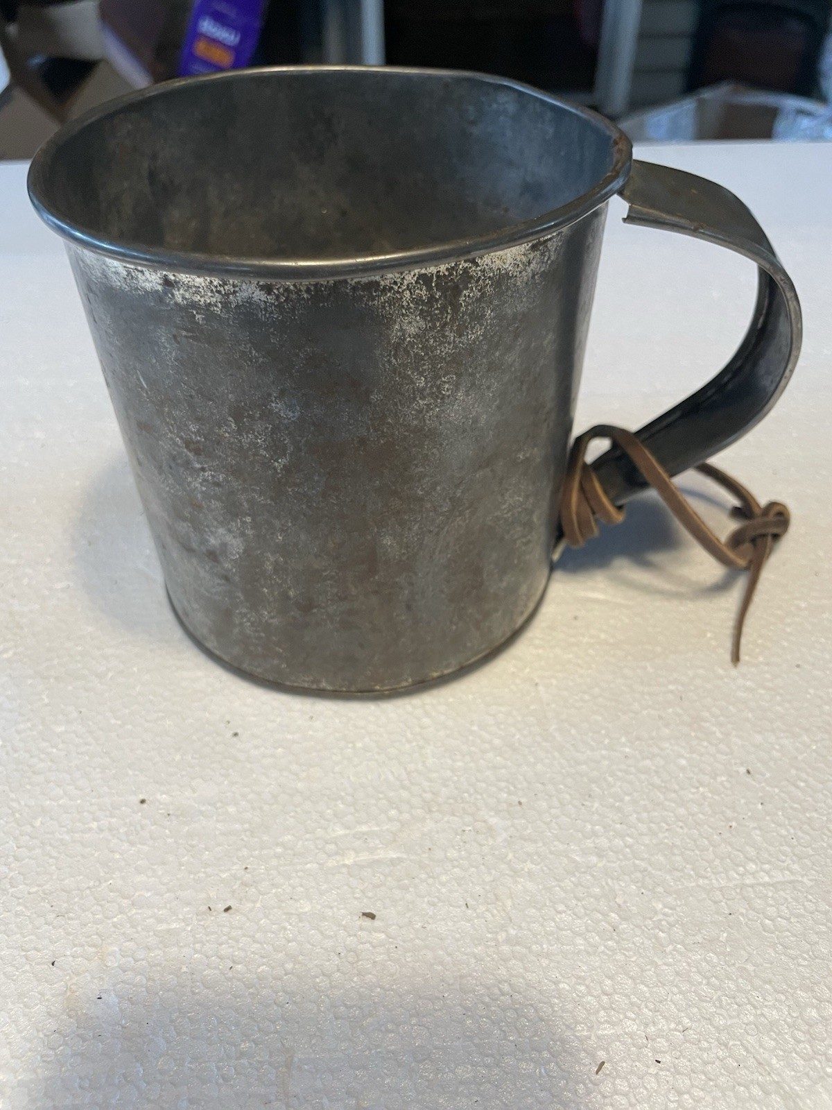 Vintage Large Tin Civil War Reenactment Cup W Leather Tie Vintage Large Tin Civil War Reenactment Cup W Leather Tie