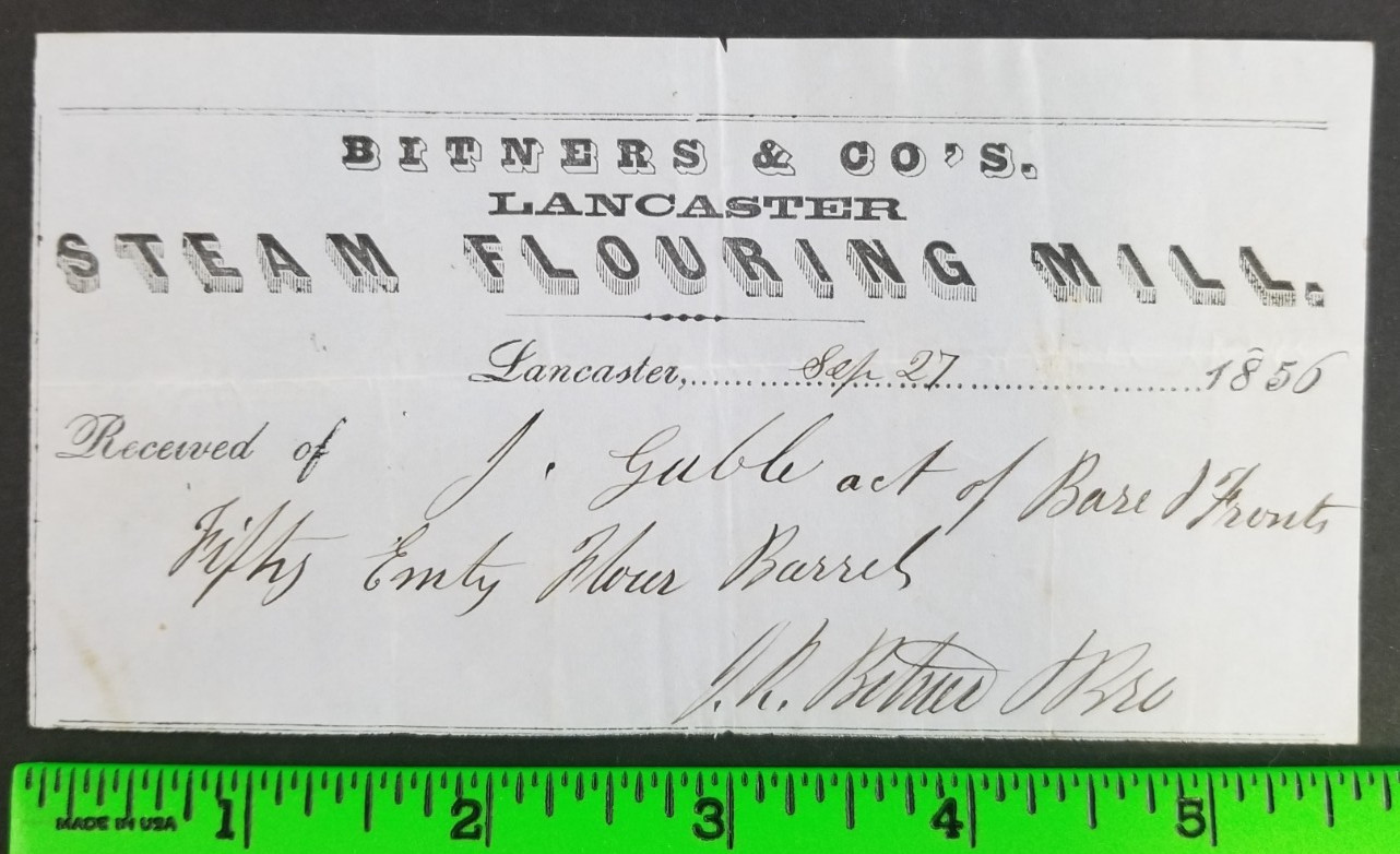 Vintage 1856 Steam Flouring Mill Lancaster PA Paper Order Slip Vintage 1856 Steam Flouring Mill Lancaster PA Paper Order Slip