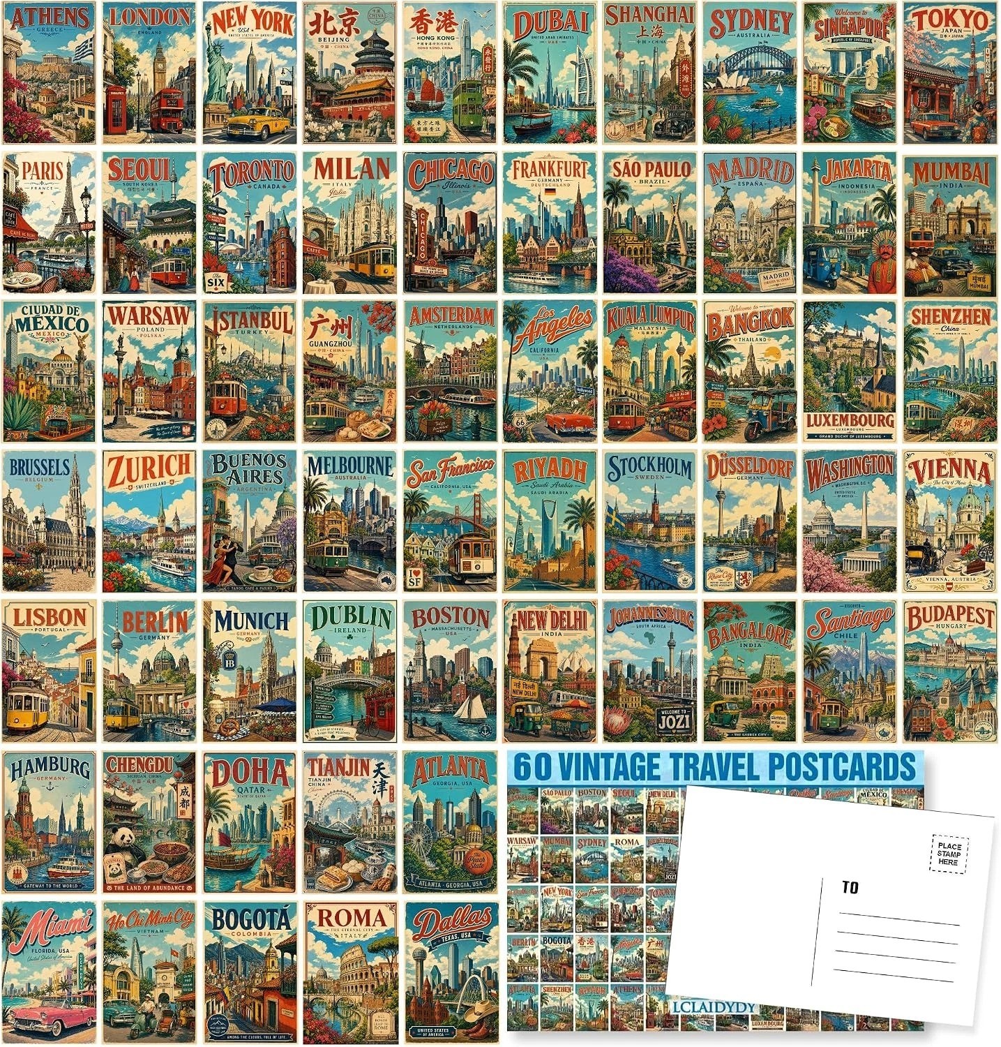 60 Vintage Travel Postcard Set,World Famous Country City Illustrations, 4X6 Mail 60 Vintage Travel Postcard Set,World Famous Country City Illustrations, 4X6 Mail