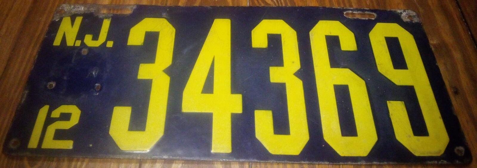 Antique 1912 New Jersey Porcelain License Plate 34369 Horace E. Fine Co. Trenton Antique 1912 New Jersey Porcelain License Plate 34369 Horace E. Fine Co. Trenton
