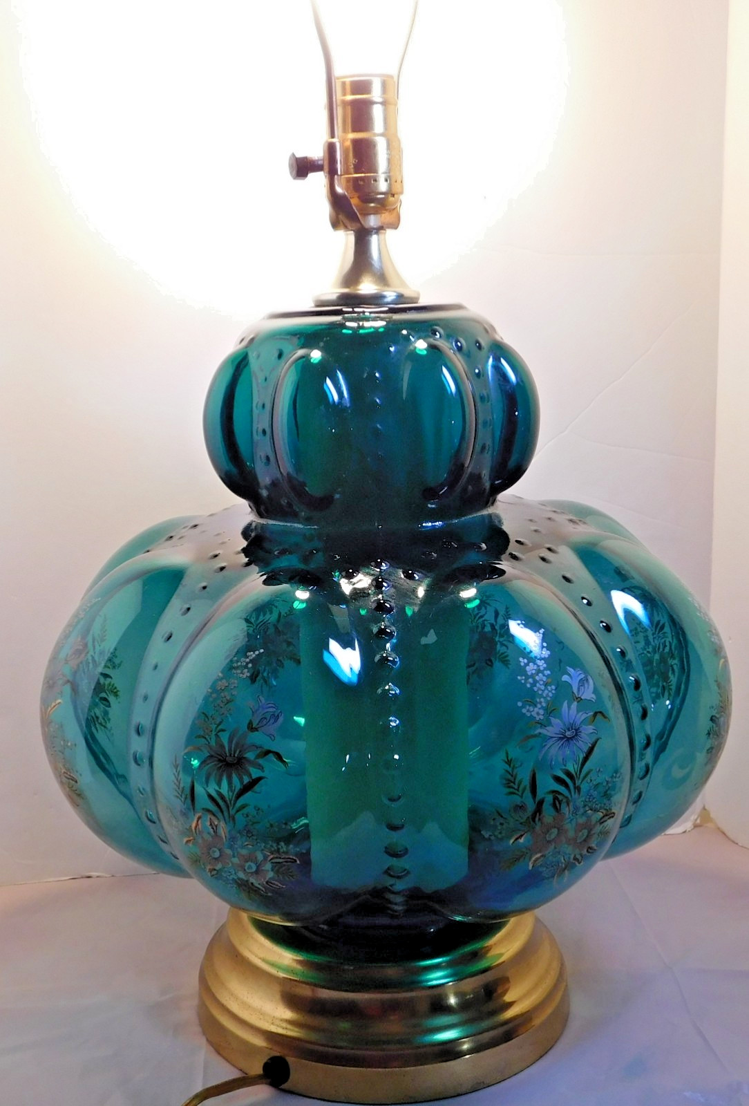 Vintage MCM Carl Falkenstein Green Teal Bubble Glass Table Lamp Flowers 12 Vintage MCM Carl Falkenstein Green Teal Bubble Glass Table Lamp Flowers 12