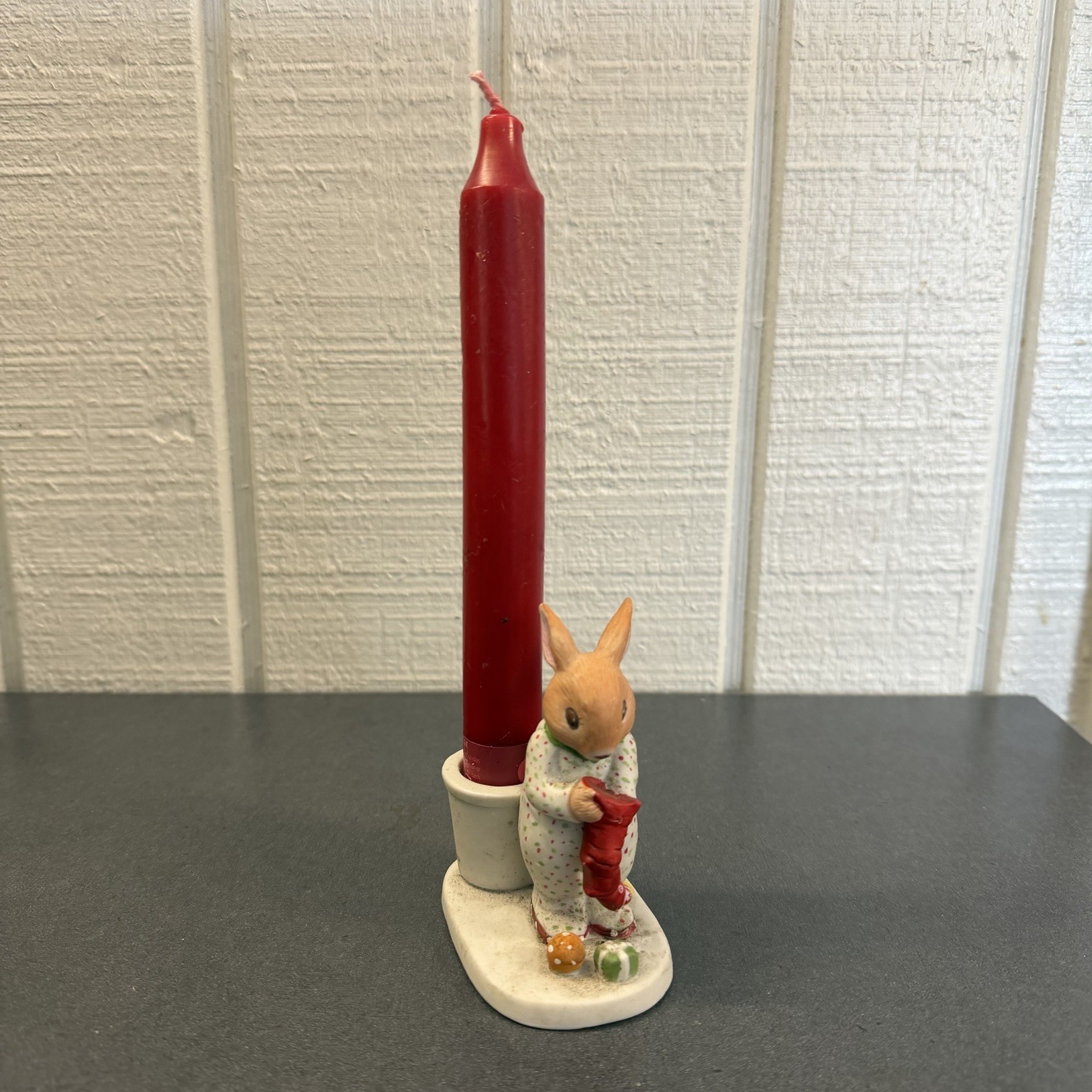 Vintage 1986 Susan La Belle Porcelain Christmas Bunny Stocking & Candle Holder Vintage 1986 Susan La Belle Porcelain Christmas Bunny Stocking & Candle Holder
