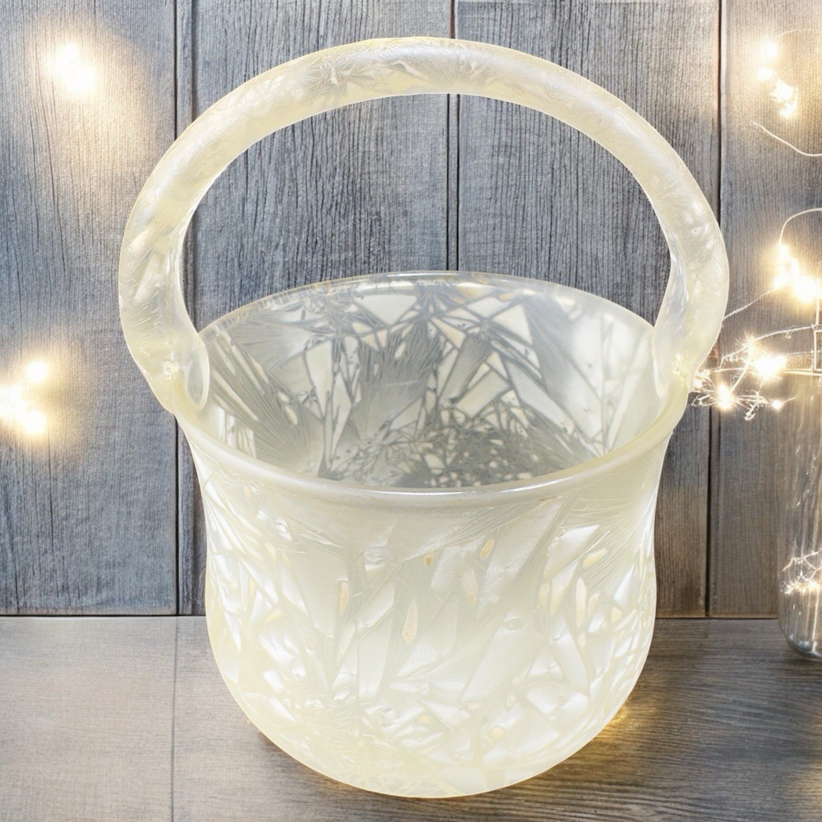 Vintage Textured Fiberglass Basket With Handle Crystalline Finish Glassware VTG