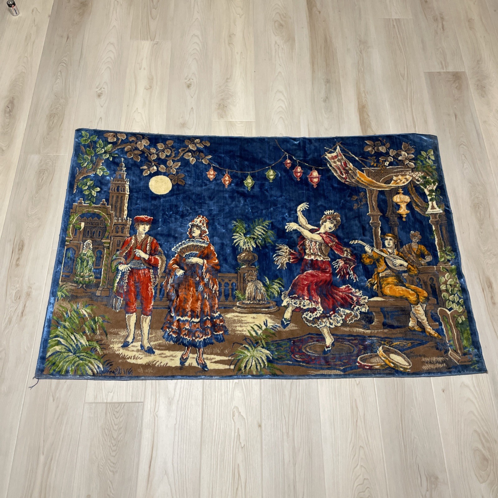 Vintage Blue Velvet Tapestry Wall Hanging Spanish Flamenco Dancers 56x36 Vintage Blue Velvet Tapestry Wall Hanging Spanish Flamenco Dancers 56x36