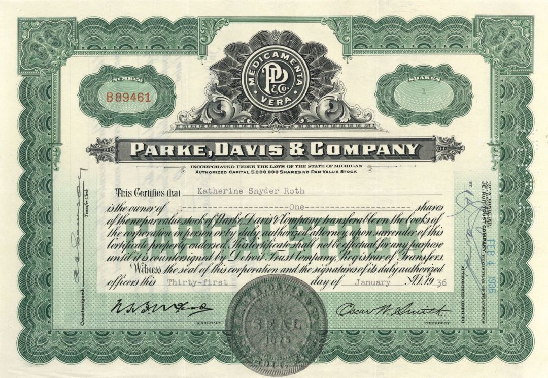 Parke, Davis and Co. - 1930\'s dated Pharmaceutical Company Stock Certificate - M