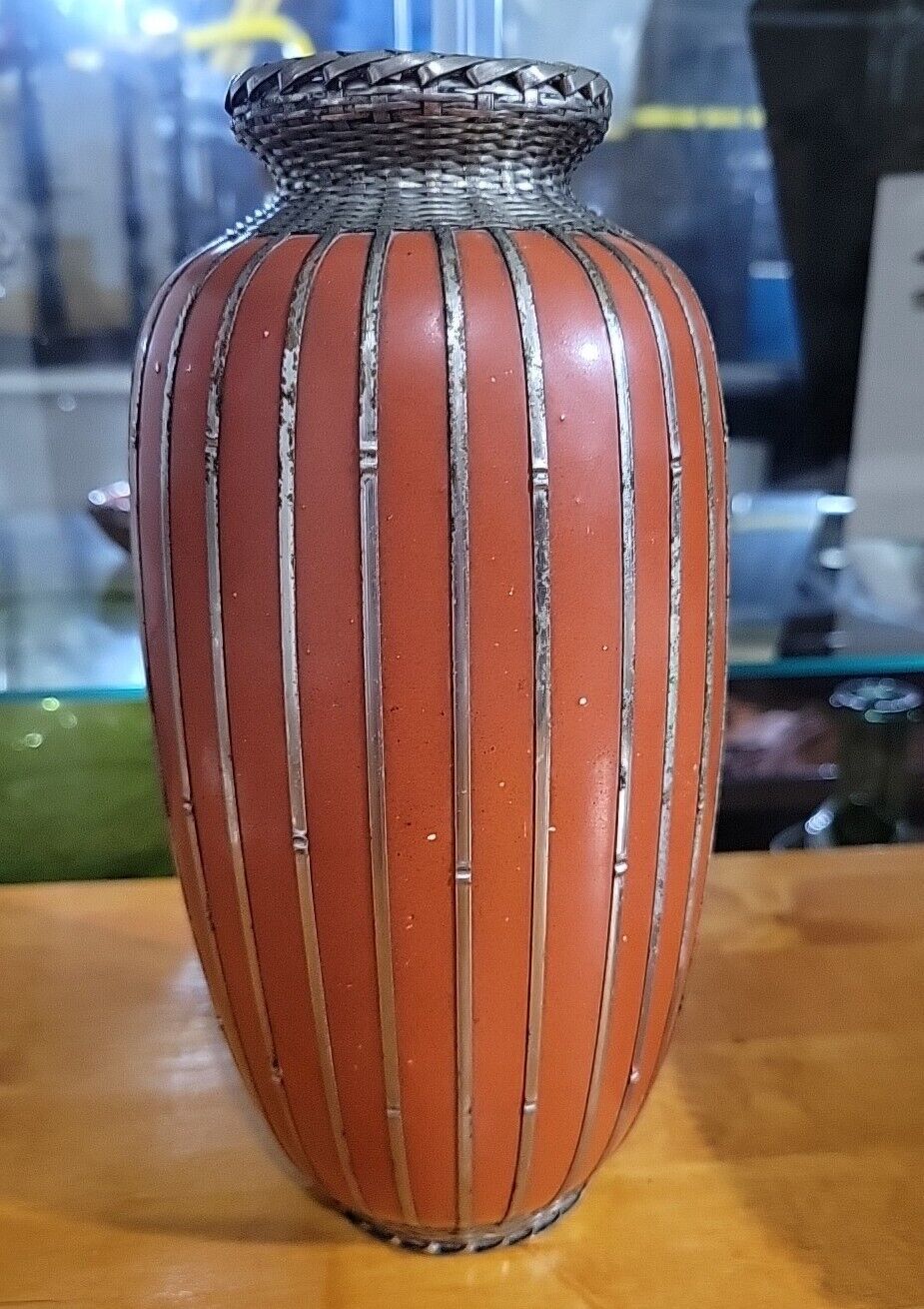 Vintage Japanese Meiji Awaji Silver Wire Overlay Wrap Pottery Vase Basket Weave 